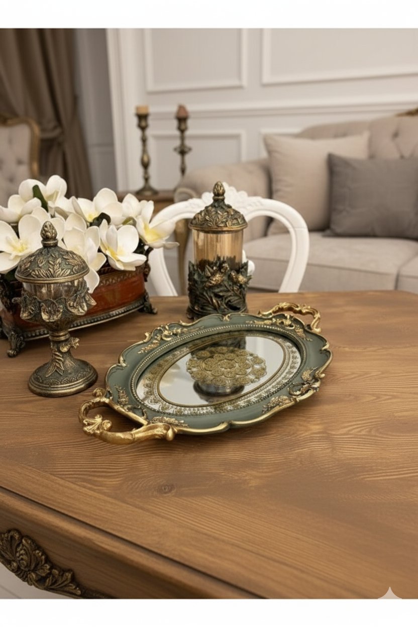 Şık Klasik Oval Aynalı Hediyelik Nişan Sunum Tepsisi