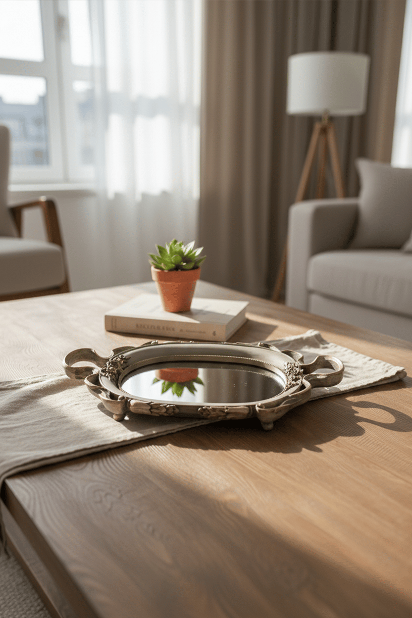 Şık Klasik Oval Aynalı Hediyelik Nişan Sunum Tepsisi