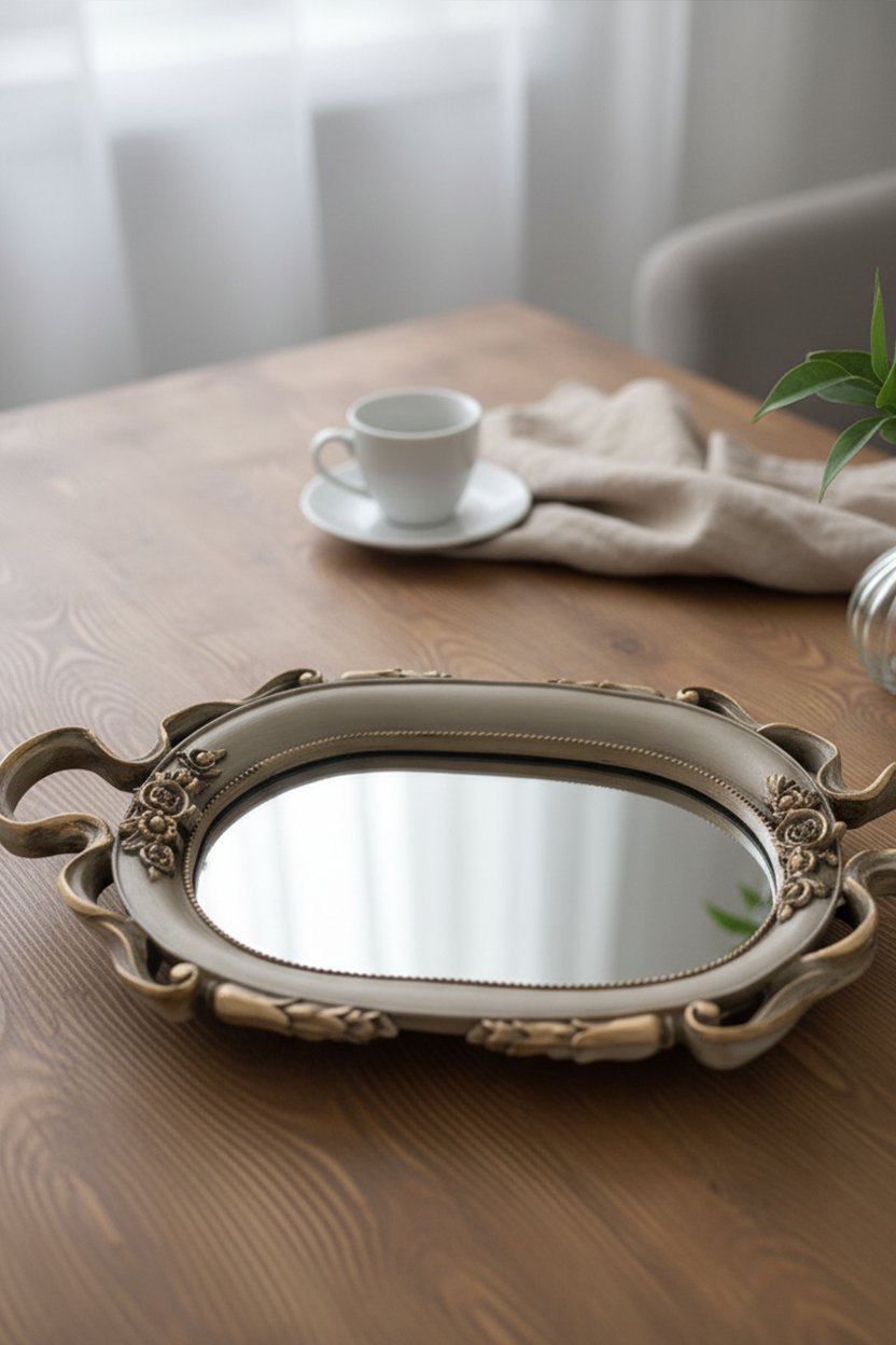 Şık Klasik Oval Aynalı Hediyelik Nişan Sunum Tepsisi