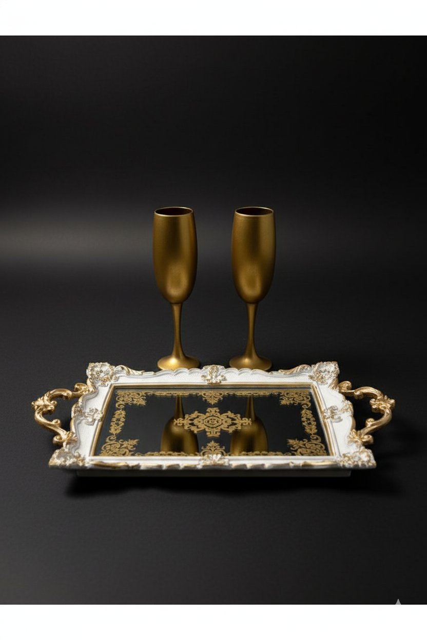 Şık Klasik Oymalı Aynalı Hediyelik Nişan Sunum Tepsisi