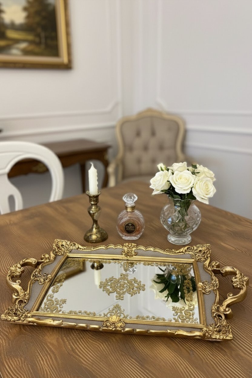 Şık Klasik Oymalı Aynalı Hediyelik Nişan Sunum Tepsisi