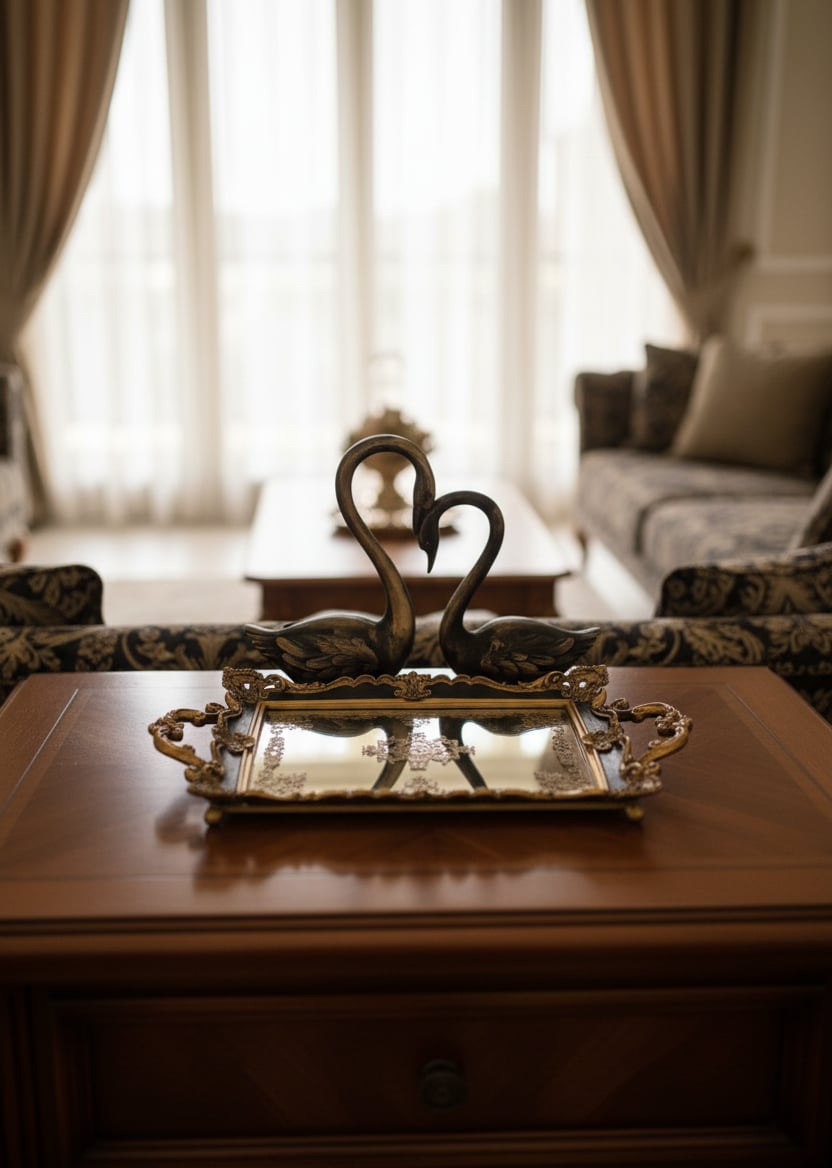 Şık Klasik Oymalı Aynalı Hediyelik Nişan Sunum Tepsisi