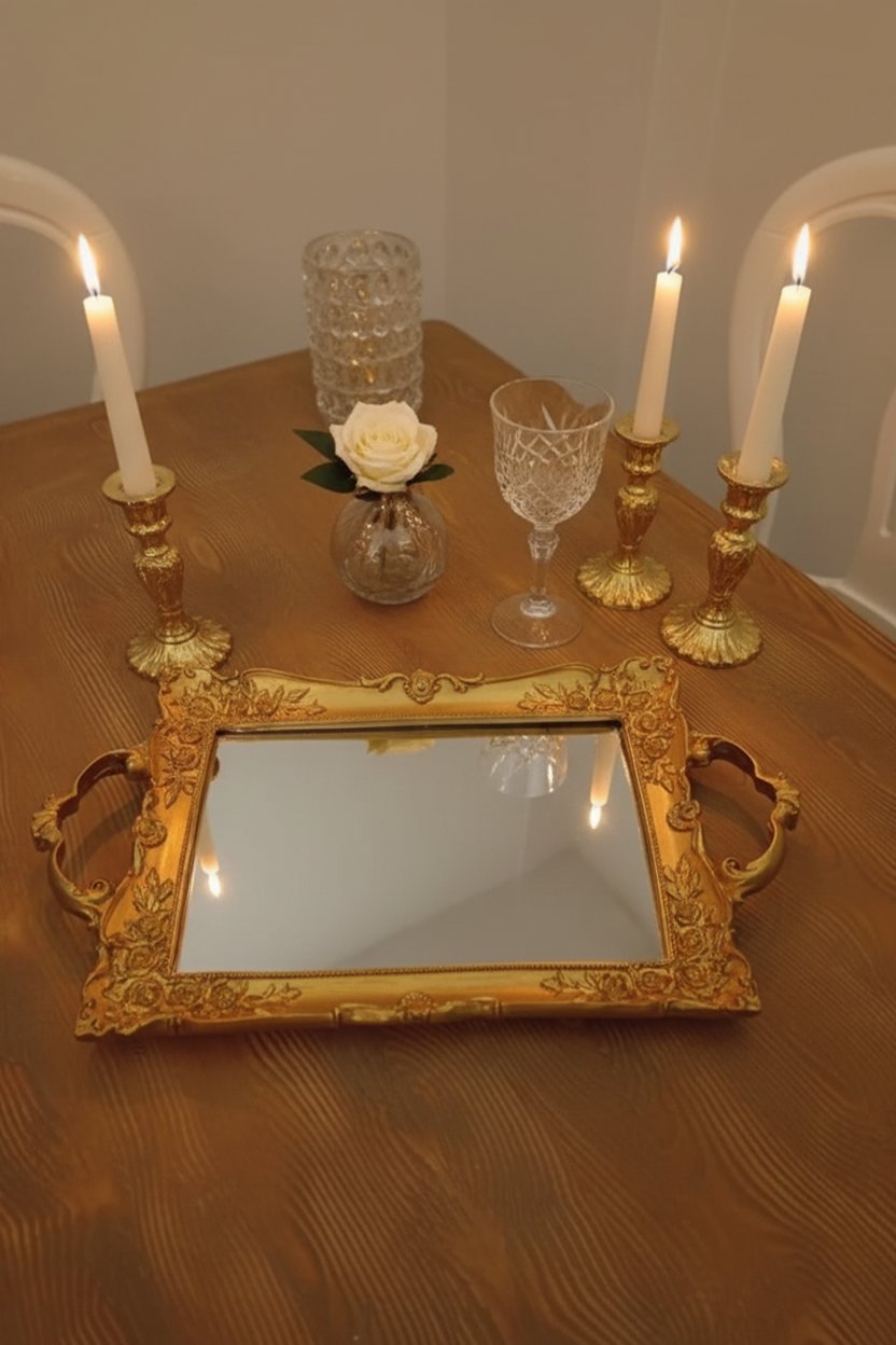 Şık Oymalı Aynalı Klasik Sunum Tepsi