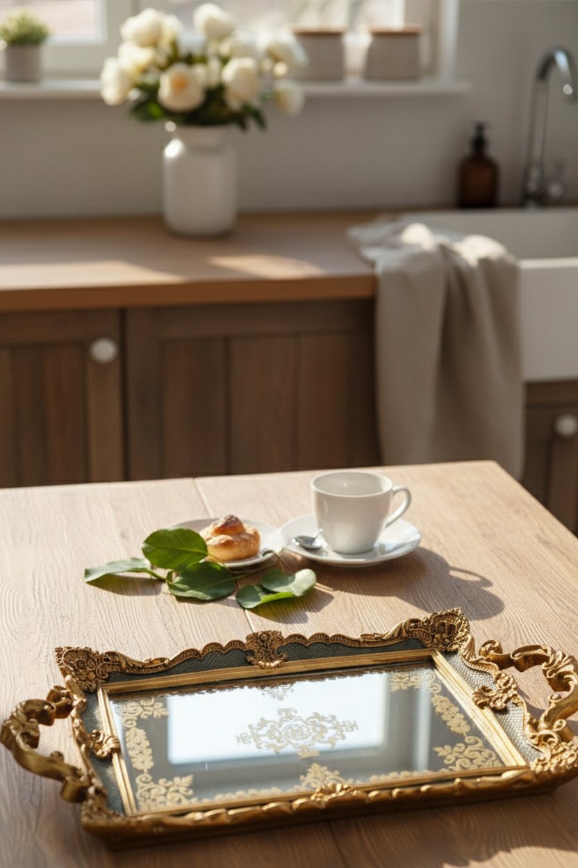 Şık Oymalı Aynalı Klasik Sunum Tepsi