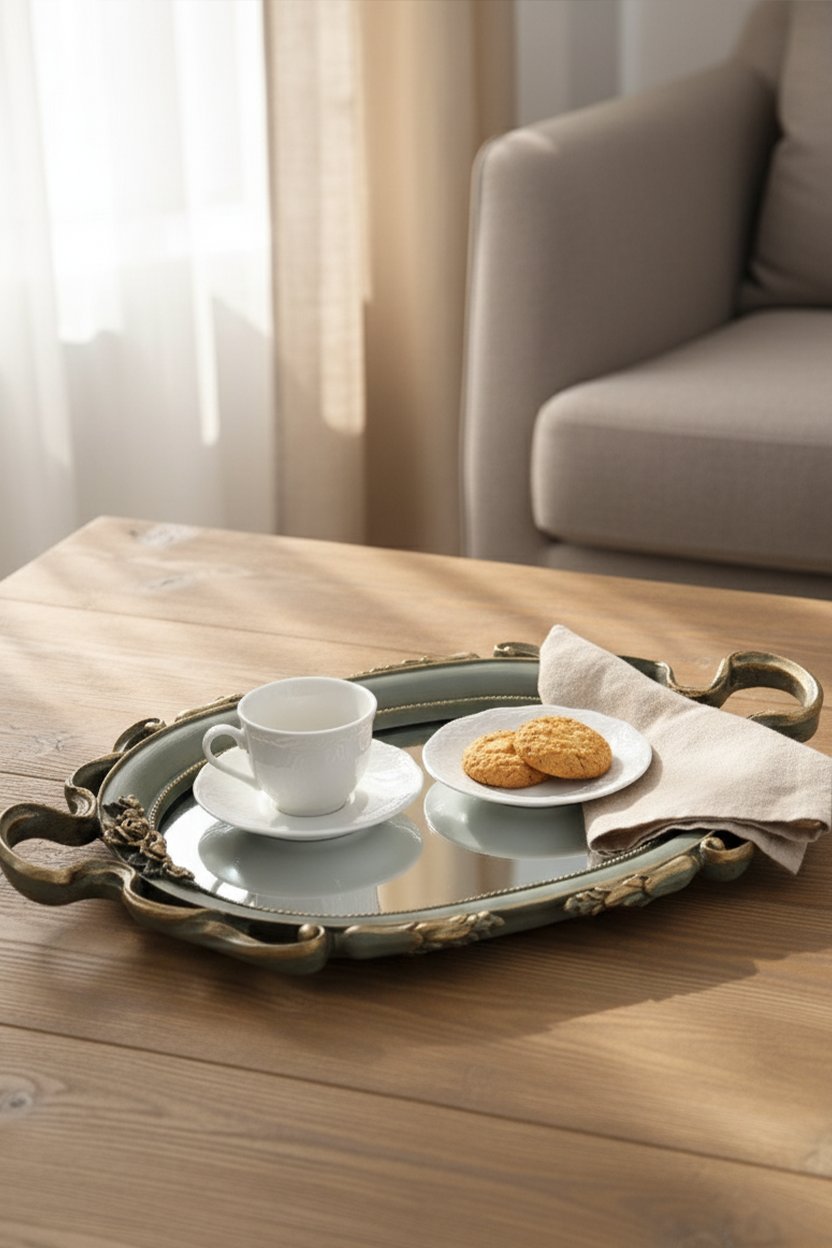 Şık Oymalı Aynalı Klasik Sunum Tepsi