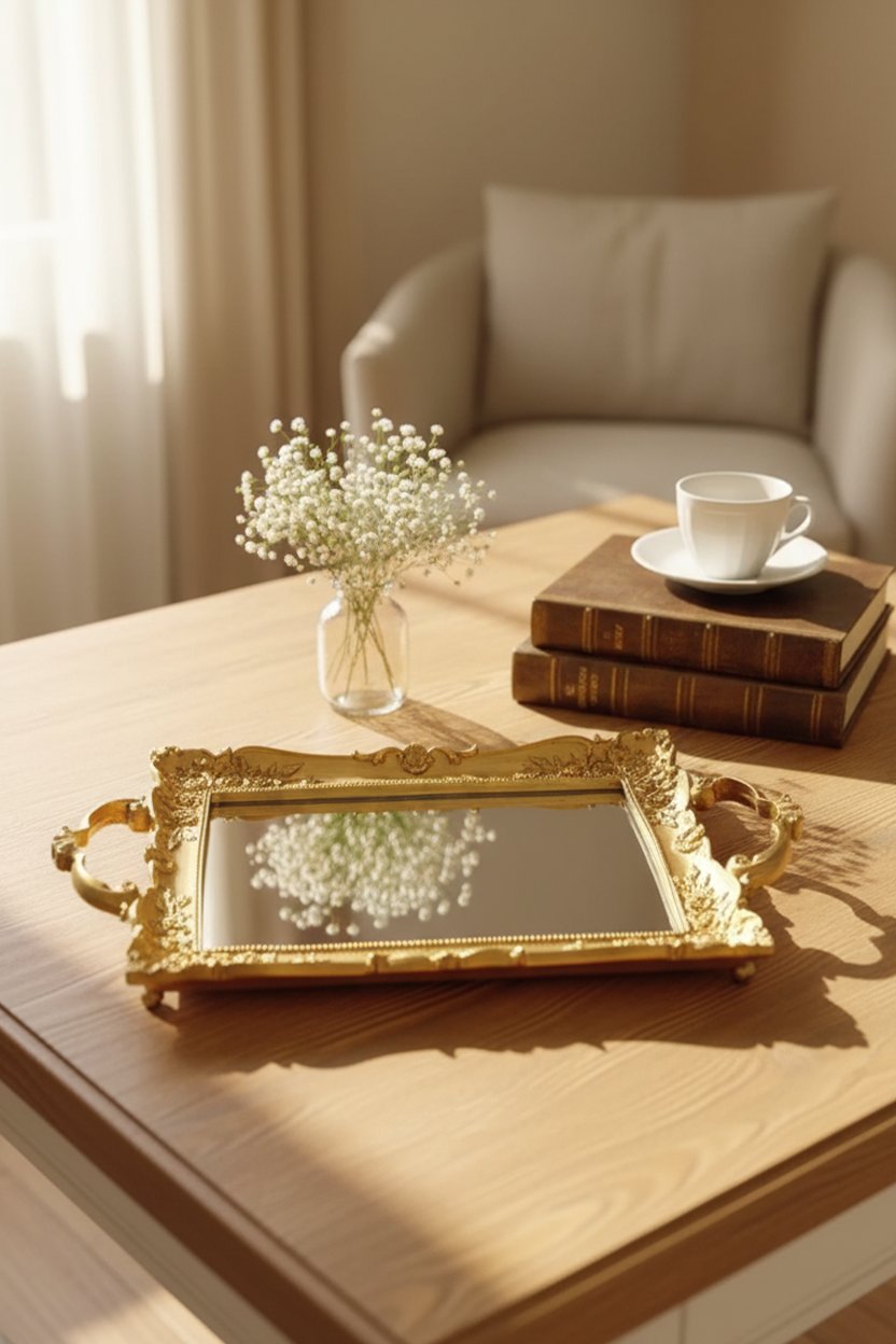 Şık Oymalı Aynalı Klasik Sunum Tepsi