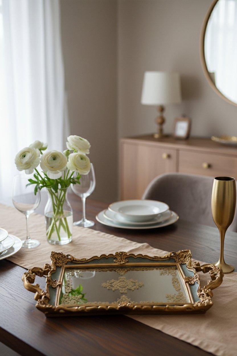 Şık Oymalı Aynalı Klasik Sunum Tepsi