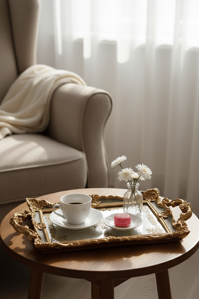 Şık Oymalı Aynalı Klasik Sunum Tepsi