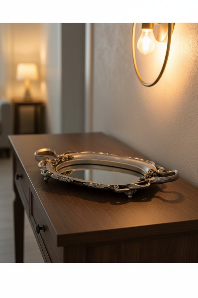 Şık Oymalı Hediyelik Aynalı Klasik Sunum Tepsi