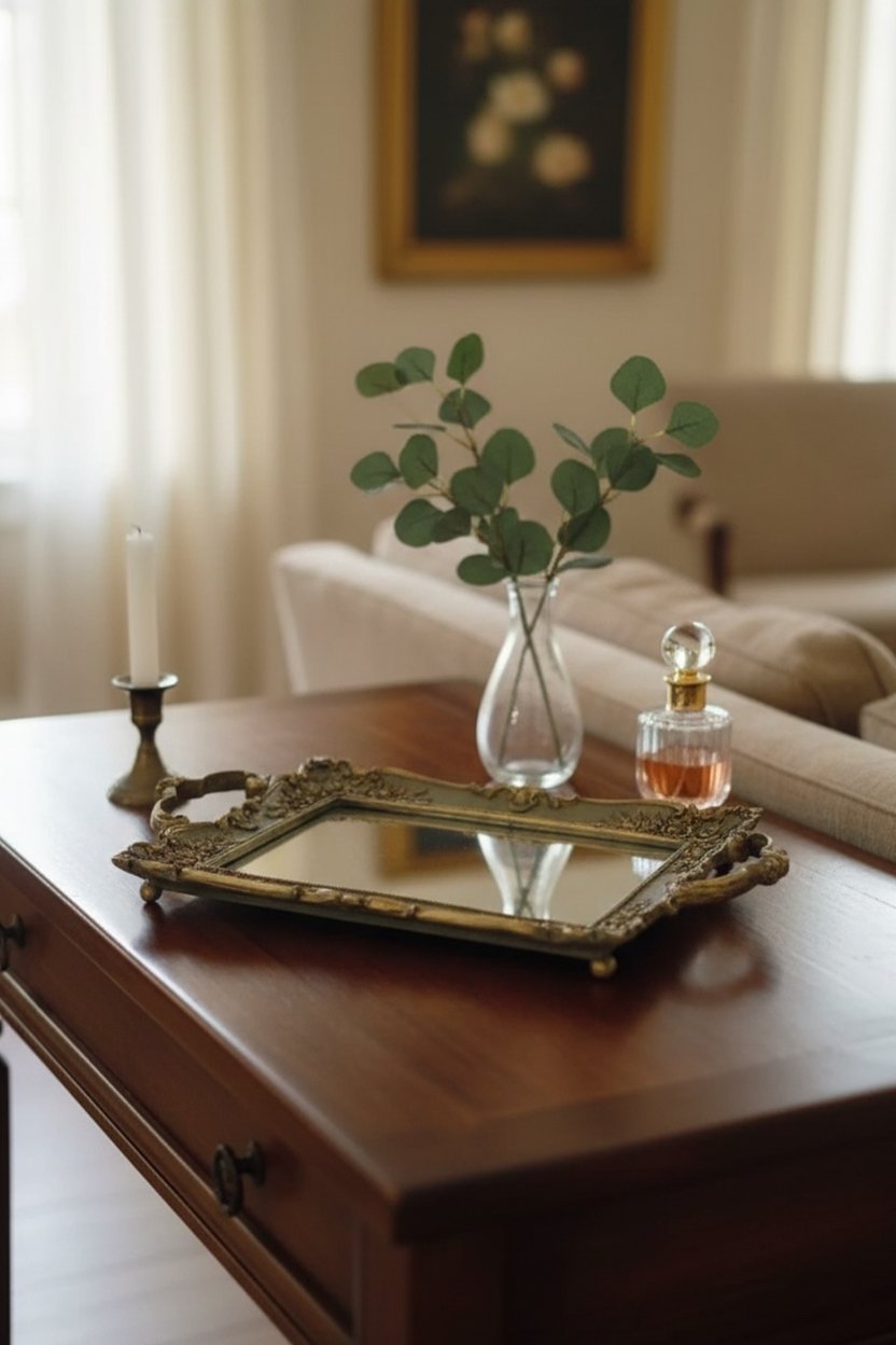 Şık Oymalı Hediyelik Aynalı Klasik Sunum Tepsi