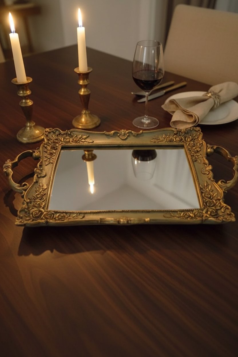 Şık Oymalı Hediyelik Aynalı Klasik Sunum Tepsi