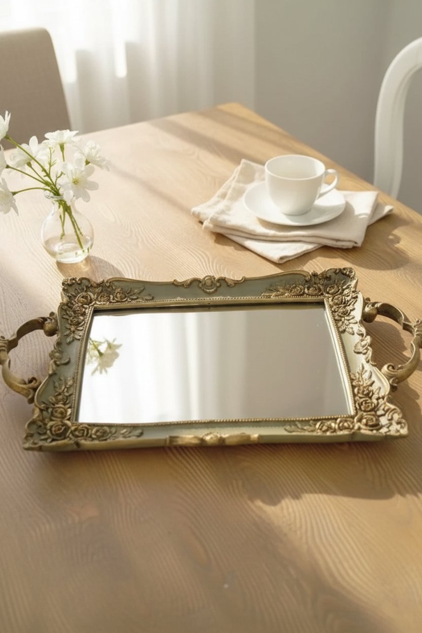 Şık Oymalı Hediyelik Aynalı Klasik Sunum Tepsi