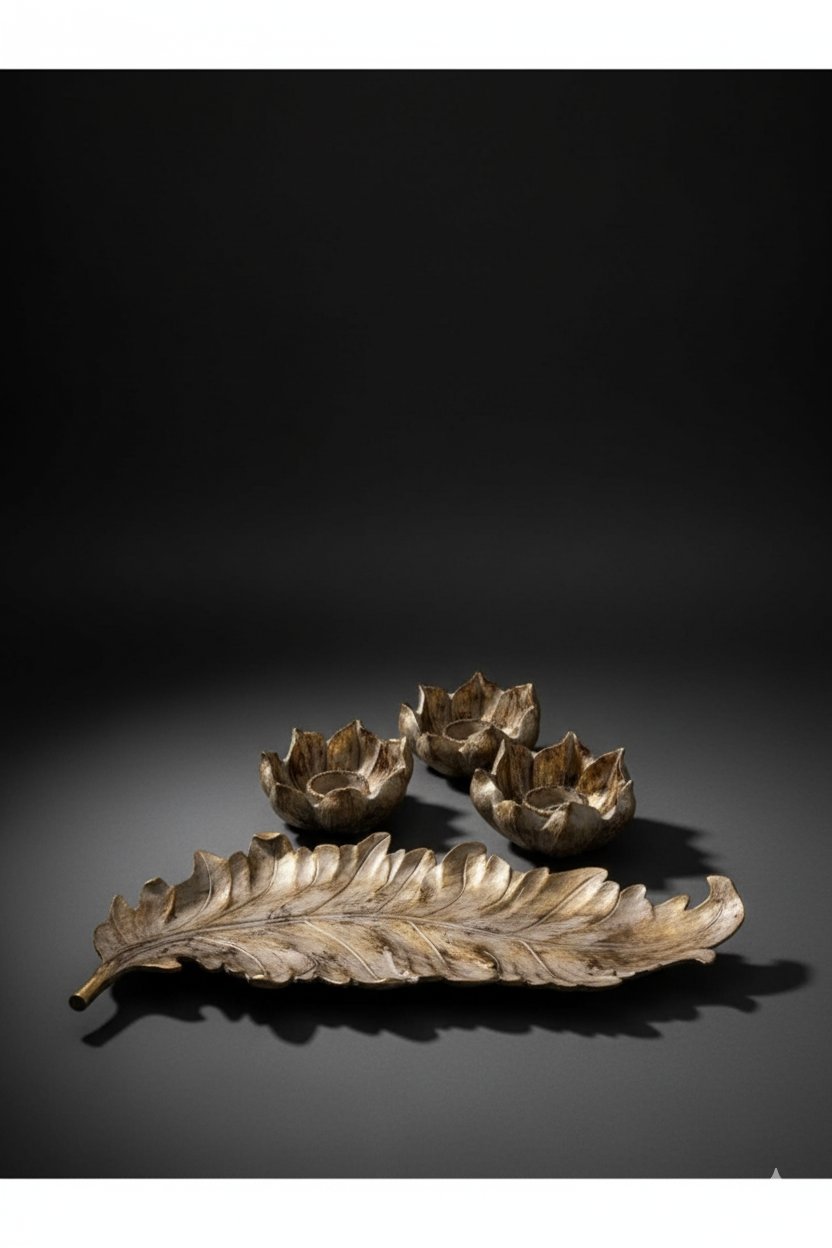 Yapraklı Üçlü Dekoratif Lotus Çiçek Hediye Seti