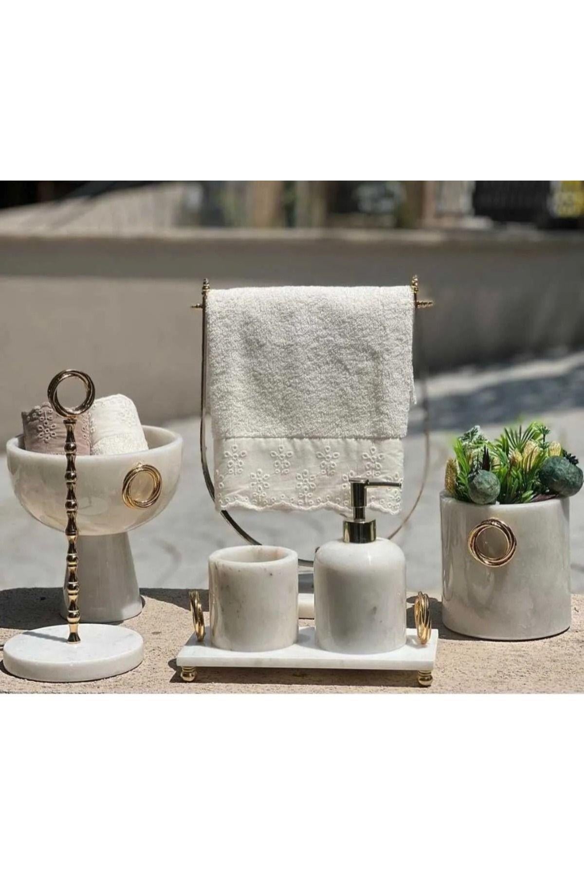 BEYAZ MERMER BANYO SETİ - 7 PARÇA - GOLD DETAYLI