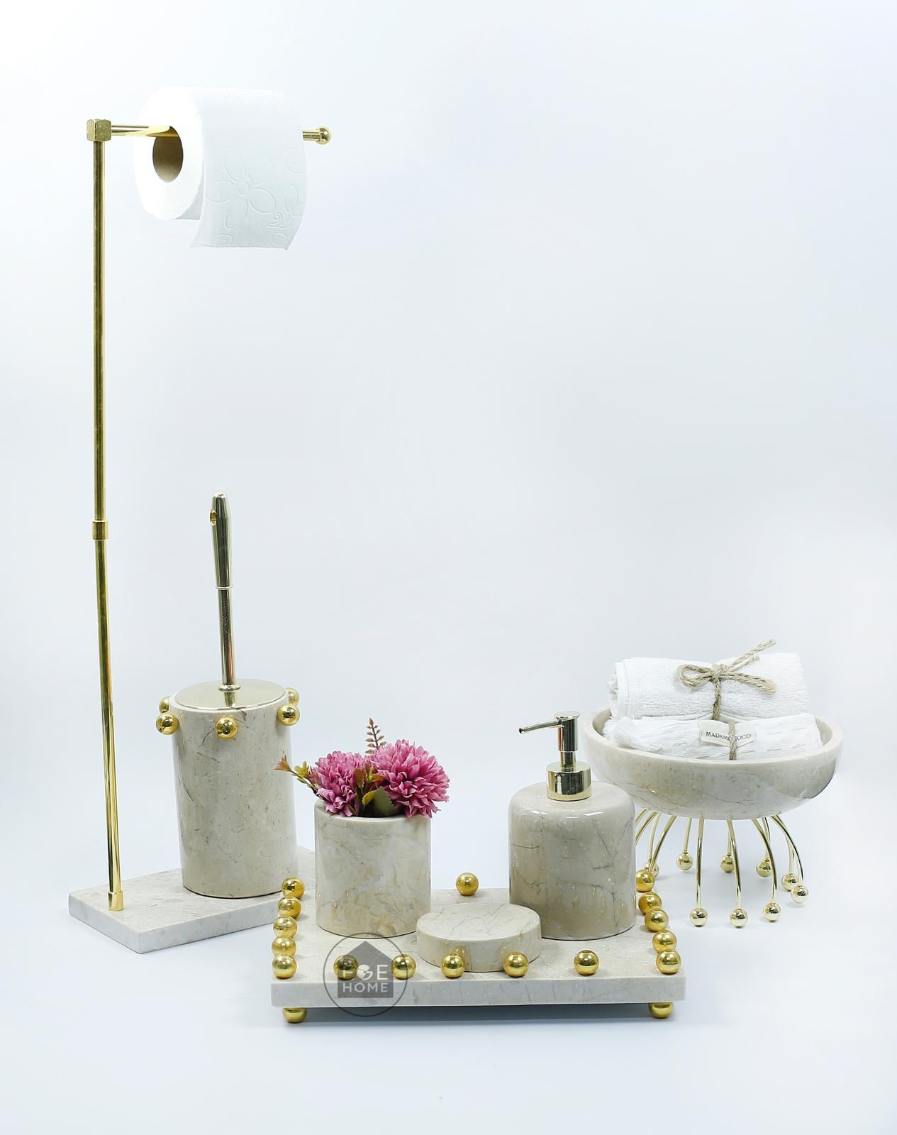 DEKORAFİT BEJ MERMER 7 PARÇA BANYO SETİ GOLD BOL TOPLU /  KASE