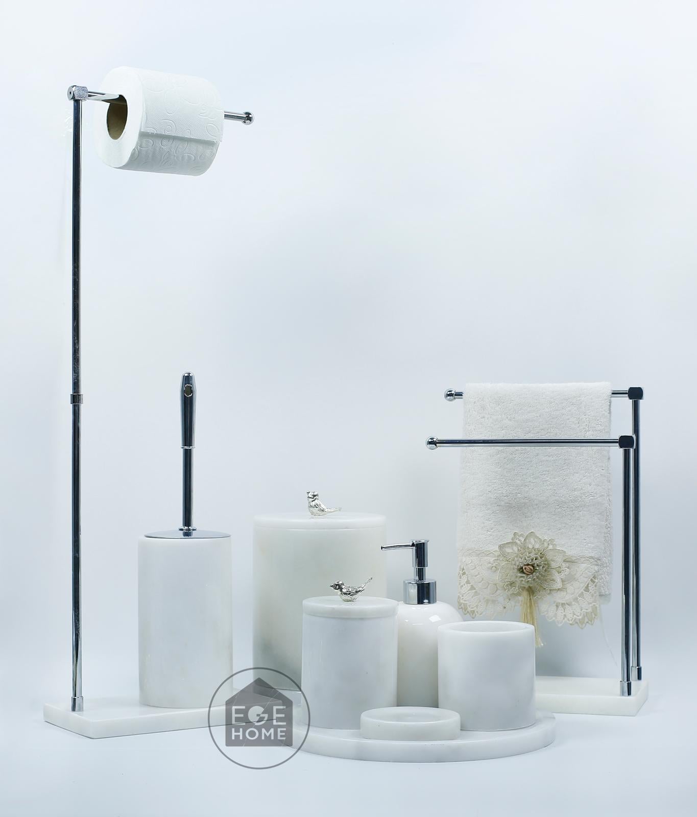 DEKORAFİT BEYAZ MERMER 7 PARÇA BANYO SETİ  WC HAVLULUK- İKİLİ HAVLULUK GÜMÜŞ KUŞ