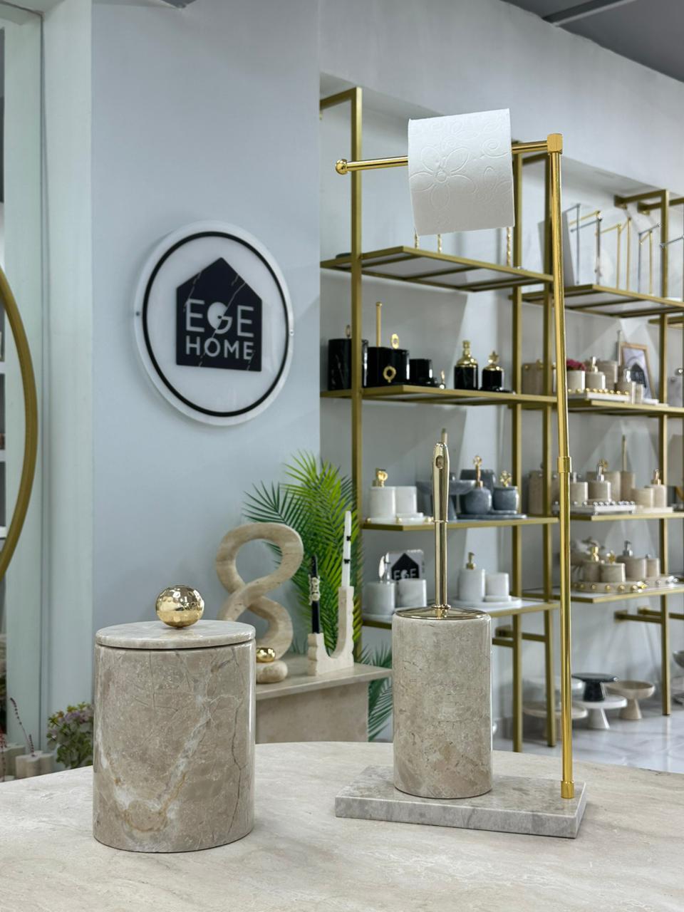 DEKORATİF BEJ DOĞAL MERMER ÇÖP KOVASI/ TUVALET FIRÇASI WC HAVLUK GOLD DİSKO TOPU 