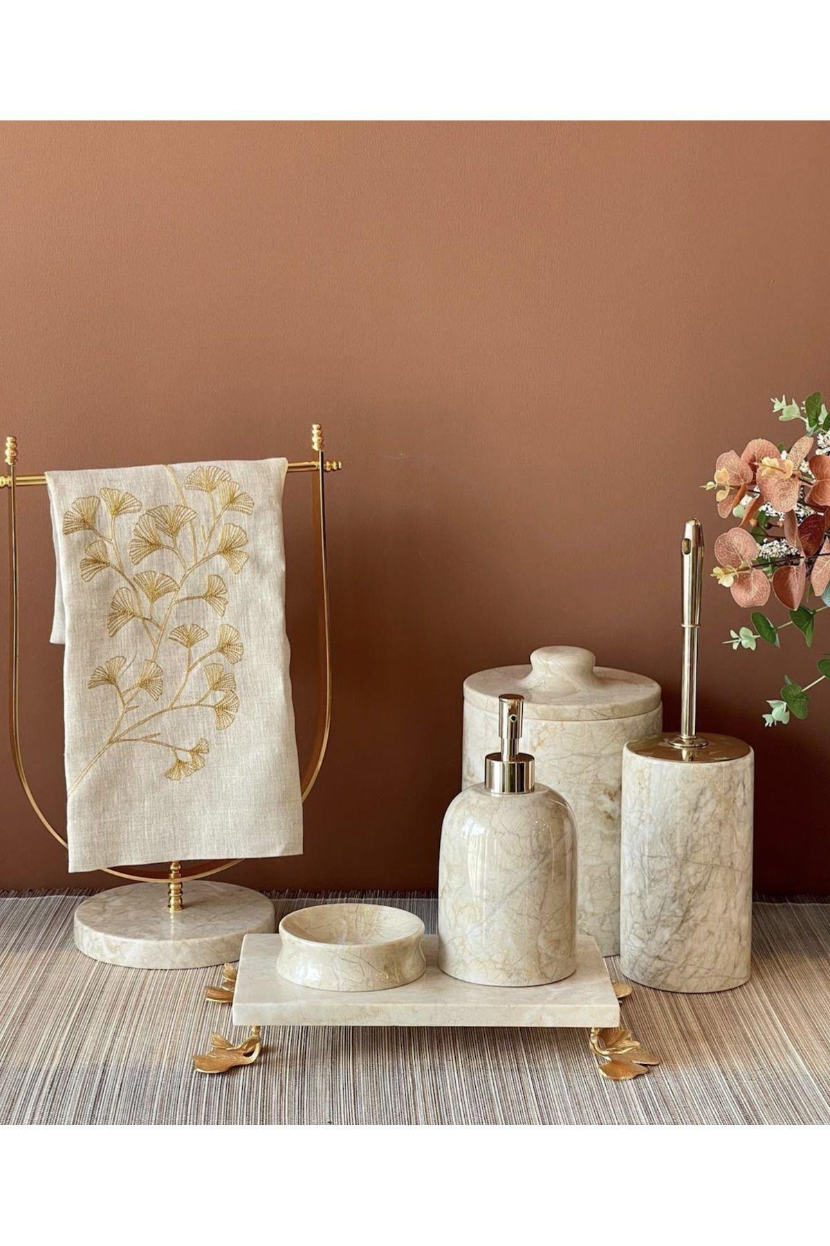 DEKORATİF BEJ MERMER GINKO AKSESUAR DETAYLI 6 Li BANYO SETİ TAKIMI