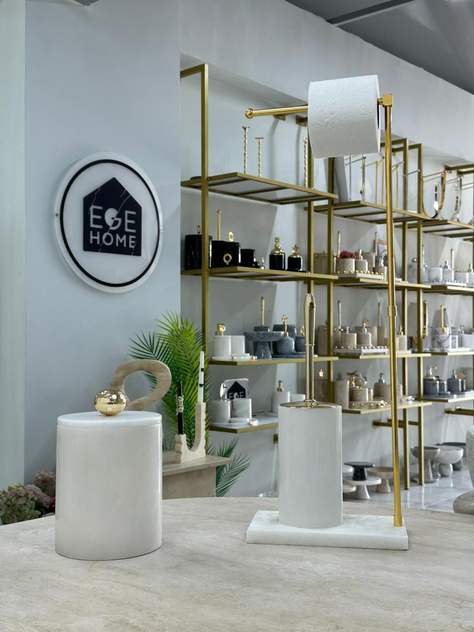 DEKORATİF BEYAZ DOĞAL MERMER ÇÖP KOVASI/ TUVALET FIRÇASI WC HAVLUK GOLD DİSKO TOPU
