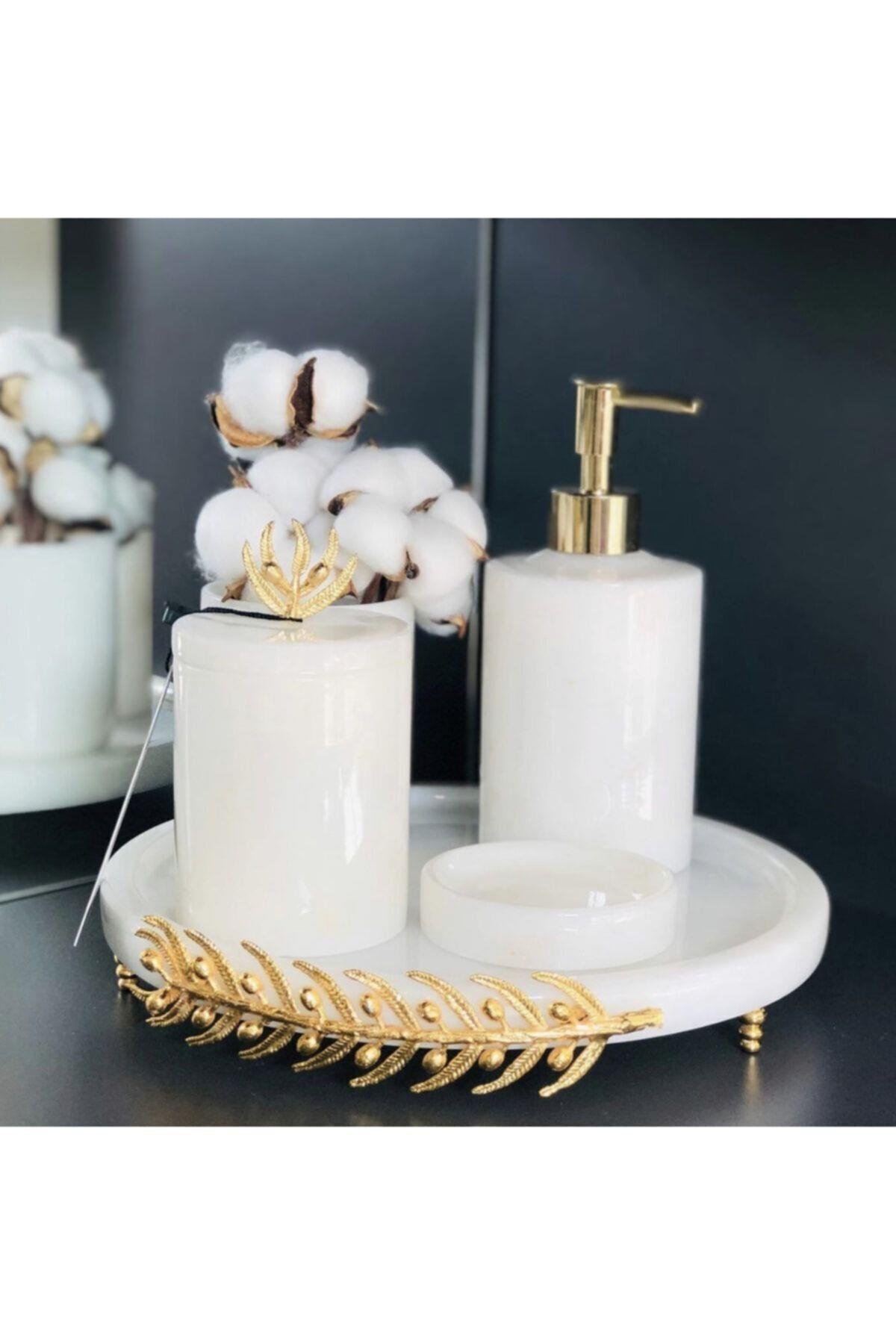 Dekoratif Beyaz Mermer Altın Zeytin Dalı Detaylı 5'li Banyo Seti Takımı