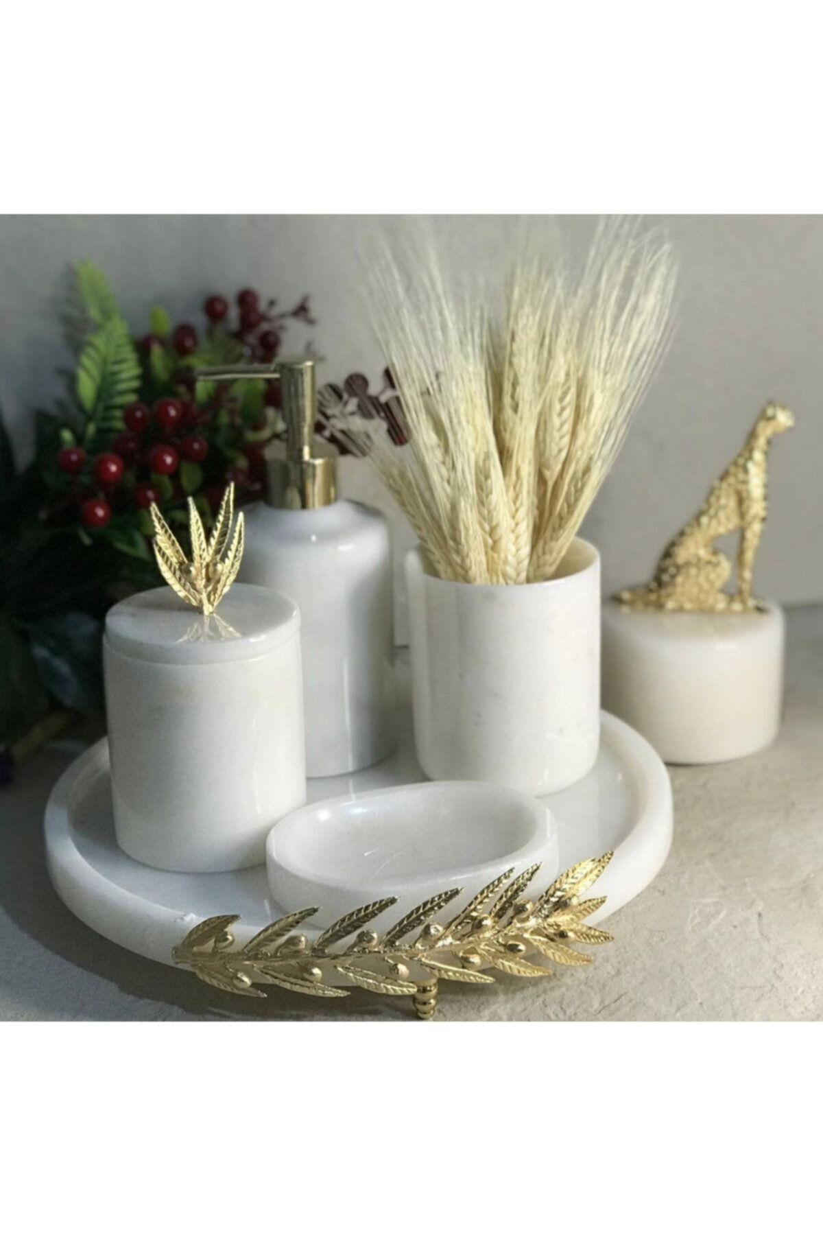 Dekoratif Beyaz Mermer Altın Zeytin Dalı Detaylı 5'li Banyo Seti Takımı