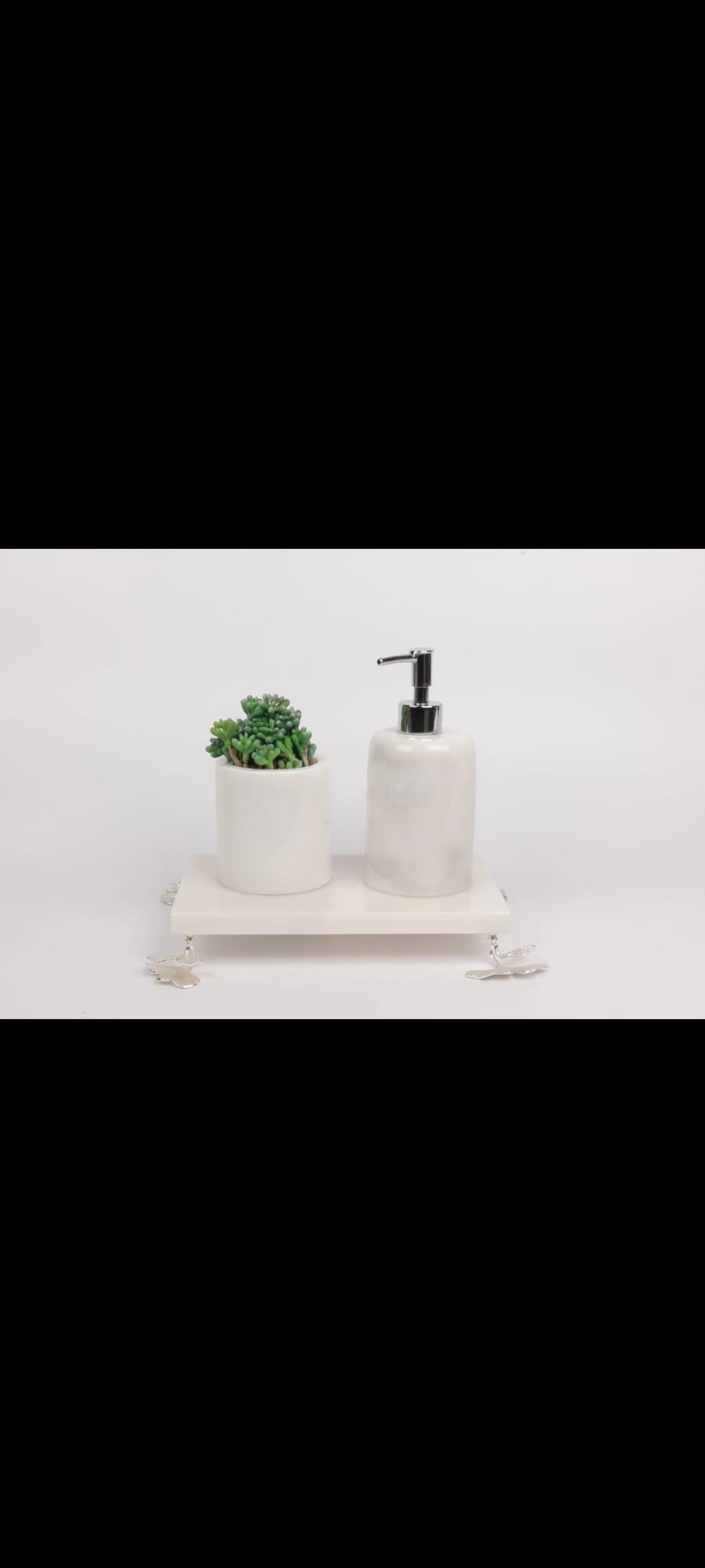 DEKORATİF DOĞAL BEYAZ MERMER 3 PARÇA GÜMÜŞ GİNGO DETAYLI BANYO SETİ