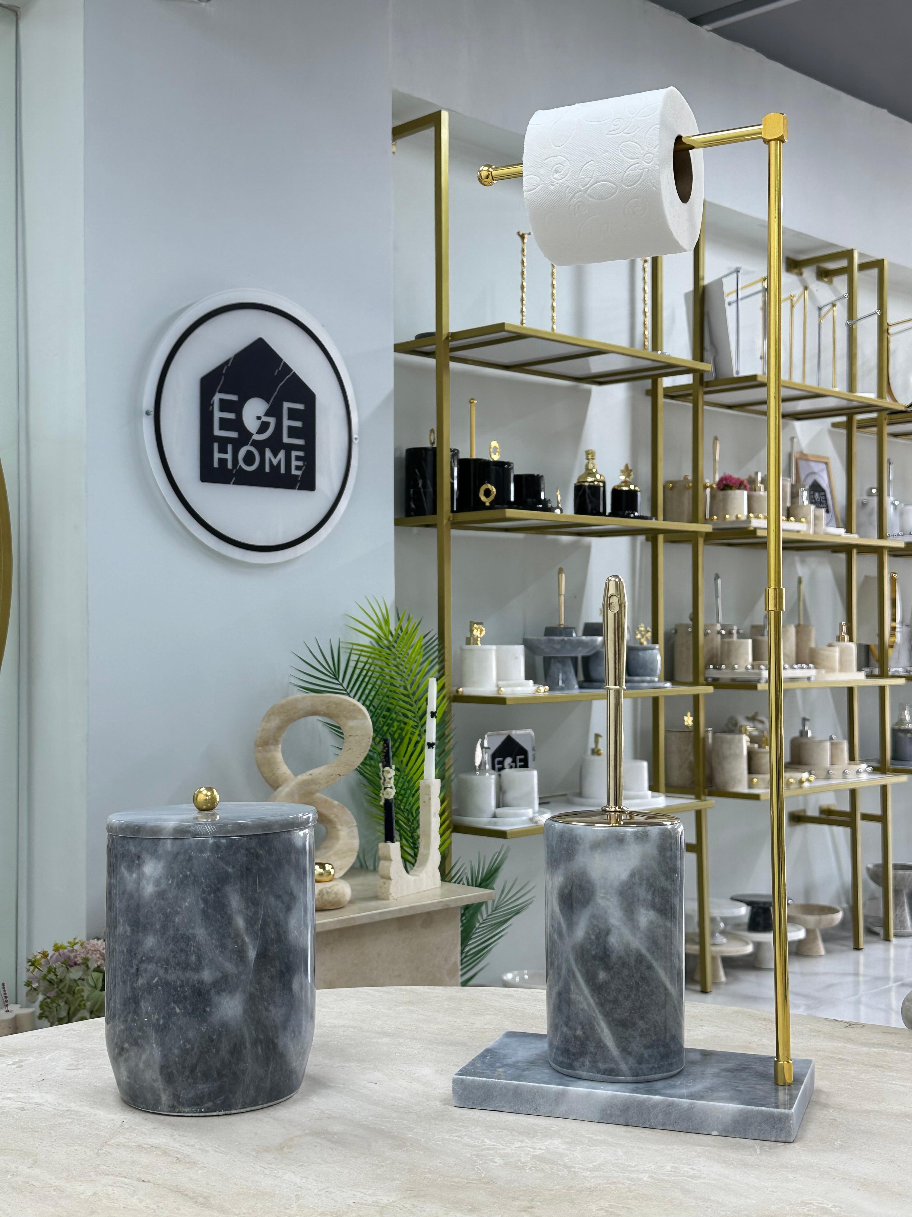 DEKORATİF GRİ DOĞAL MERMER ÇÖP KOVASI/ TUVALET FIRÇASI WC HAVLUK GOLD TOP