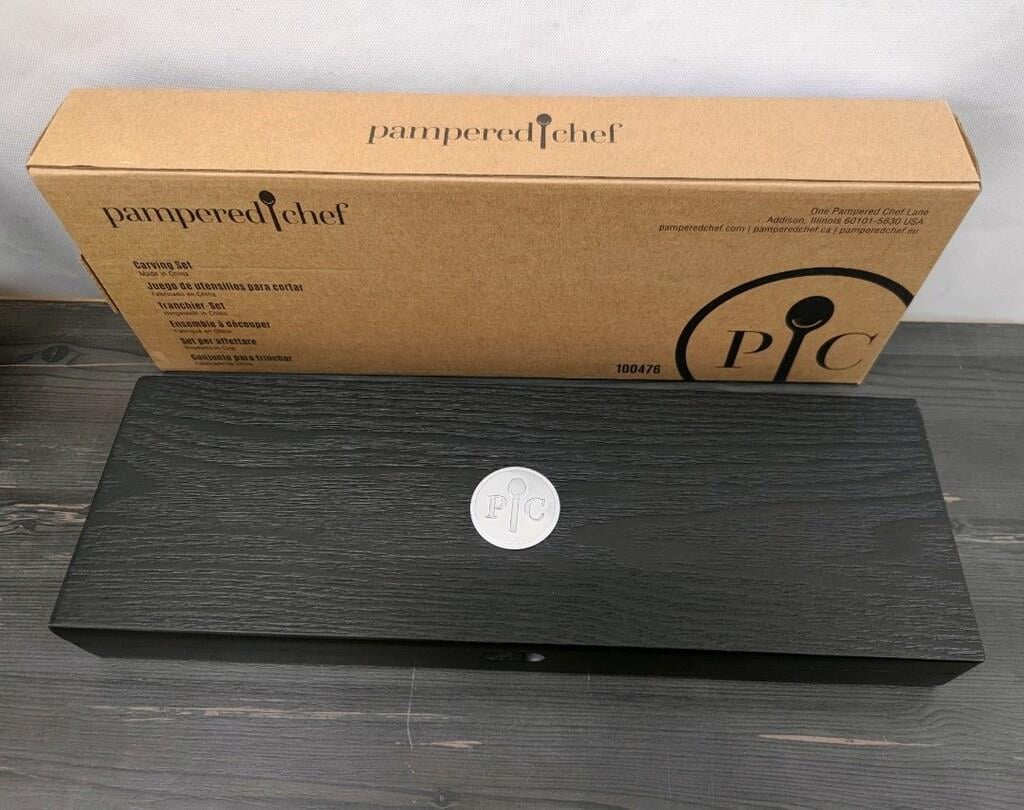 Pampered Chef Knife & Fork Carving Set With Black Case 100476