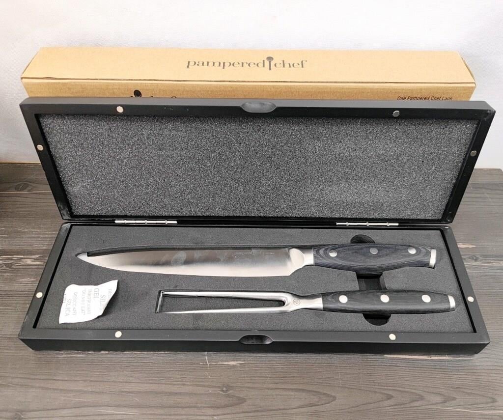 Pampered Chef Knife & Fork Carving Set With Black Case 100476