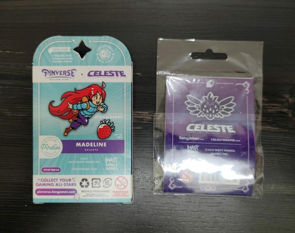 PINVERSE Celeste Madeline Çilek Figürlü Rozet Paketi + Koleksiyon Kartı + Çıkartmalar