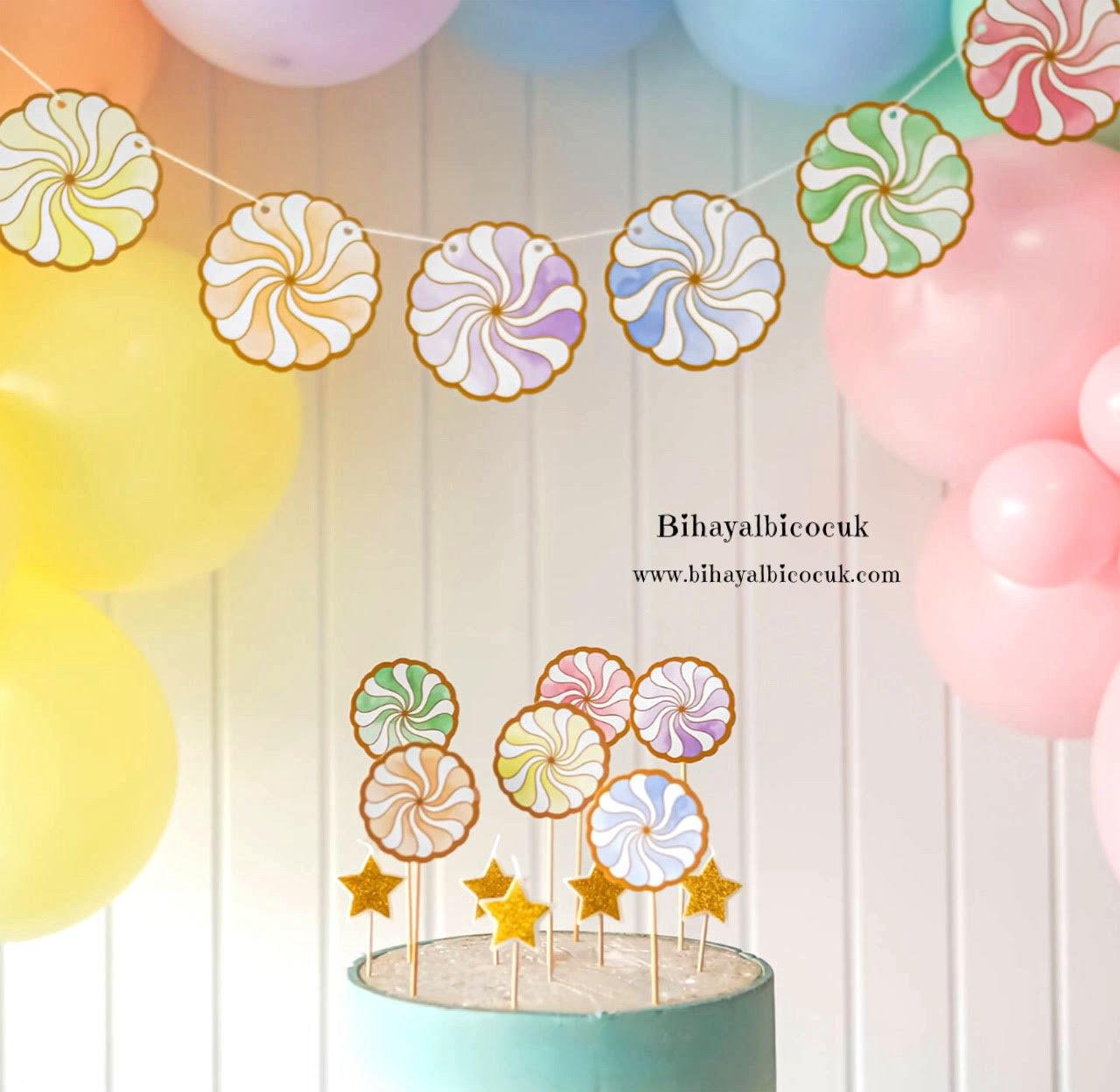 Makaron Şeker Desenli Cake Topper  6 parça
