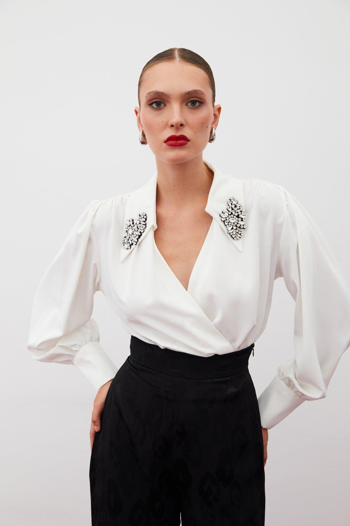 Aksesuar Detaylı Bodysuit Bluz - EKRU