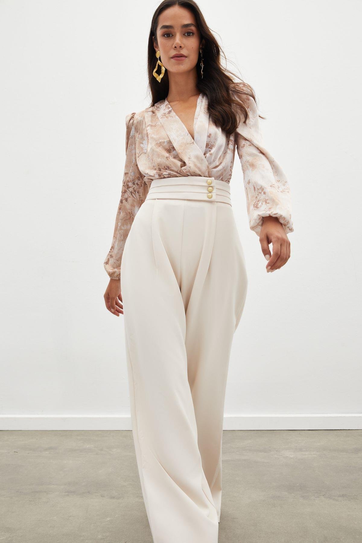 Çiçek Desenli Bodysuit Bluz - CAMEL