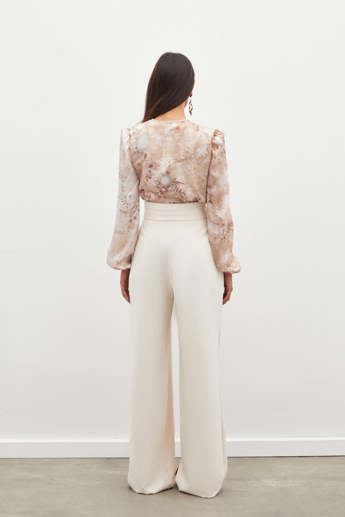 Çiçek Desenli Bodysuit Bluz - CAMEL