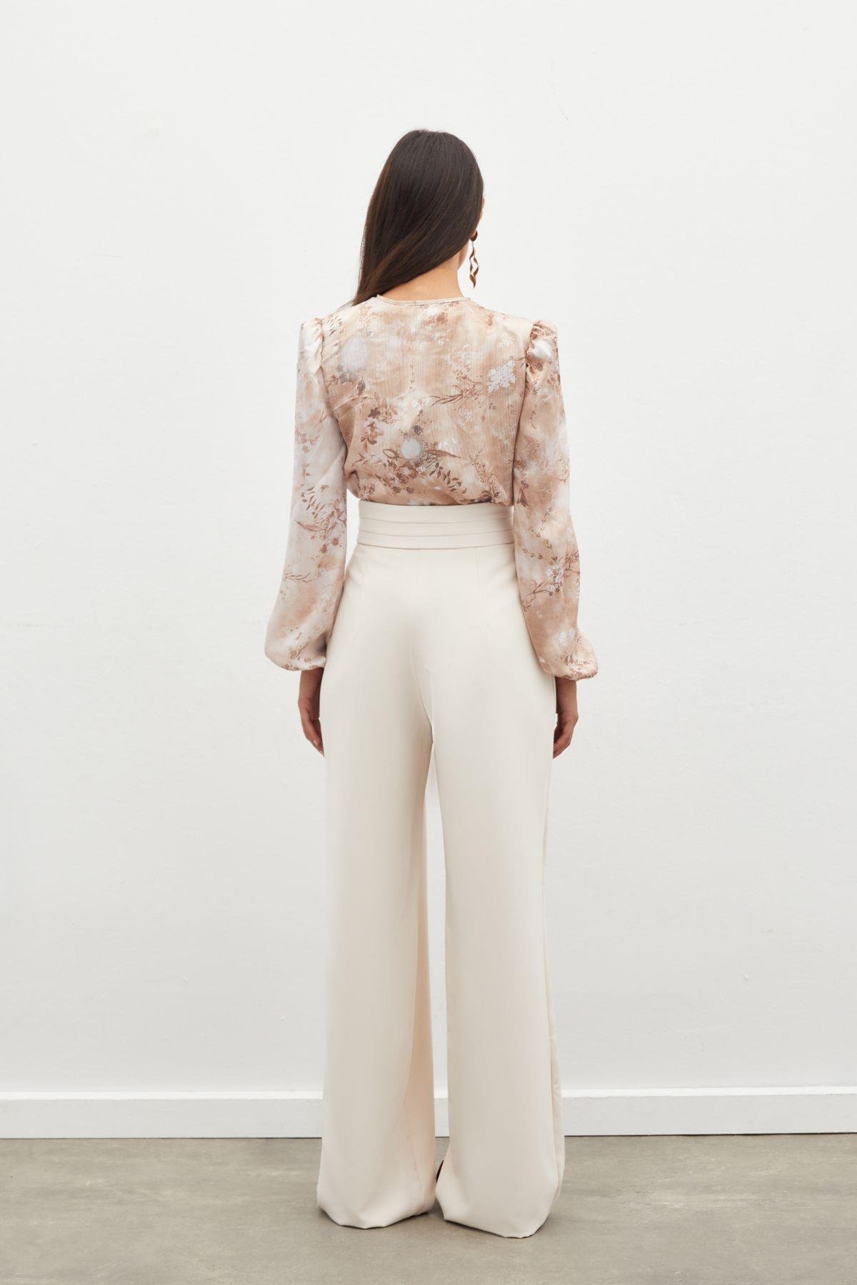 Çiçek Desenli Bodysuit Bluz - CAMEL