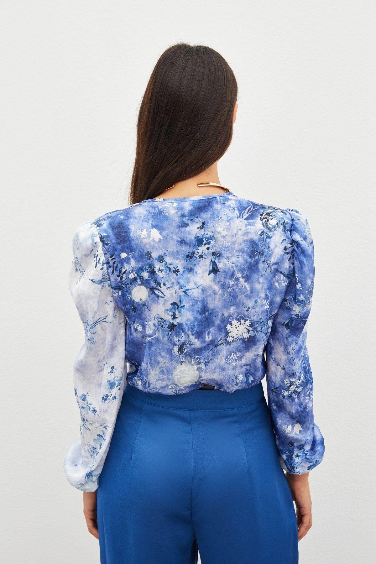 Çiçek Desenli Bodysuit Bluz - İNDİGO