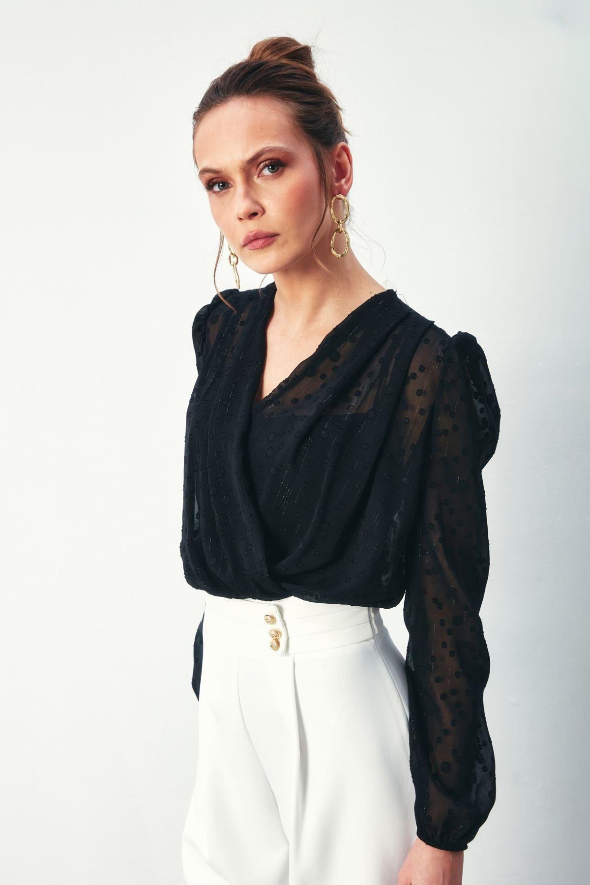 Desenli Kruvaze Bodysuit Bluz - SİYAH