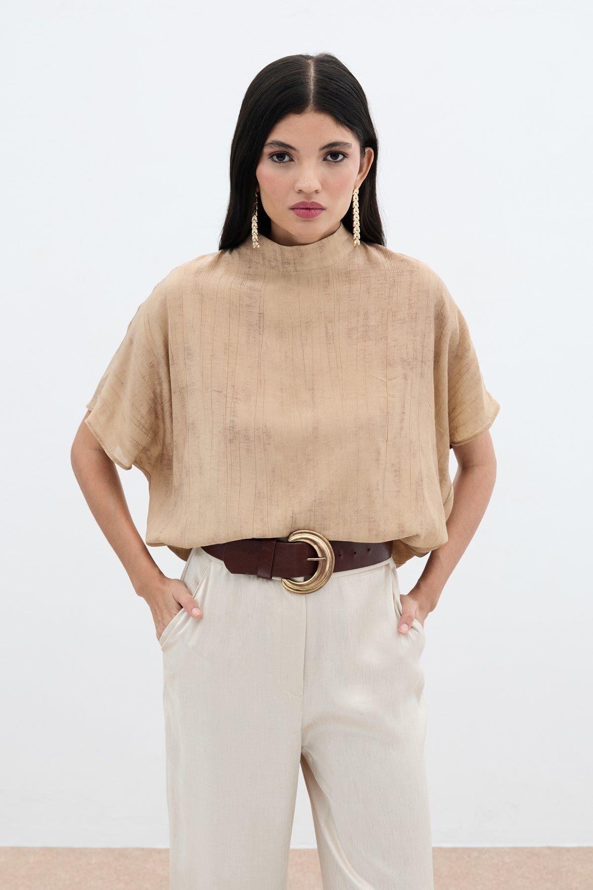 Desenli Salaş Bluz - Camel