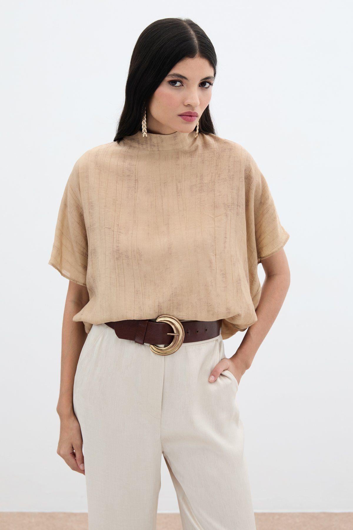 Desenli Salaş Bluz - Camel