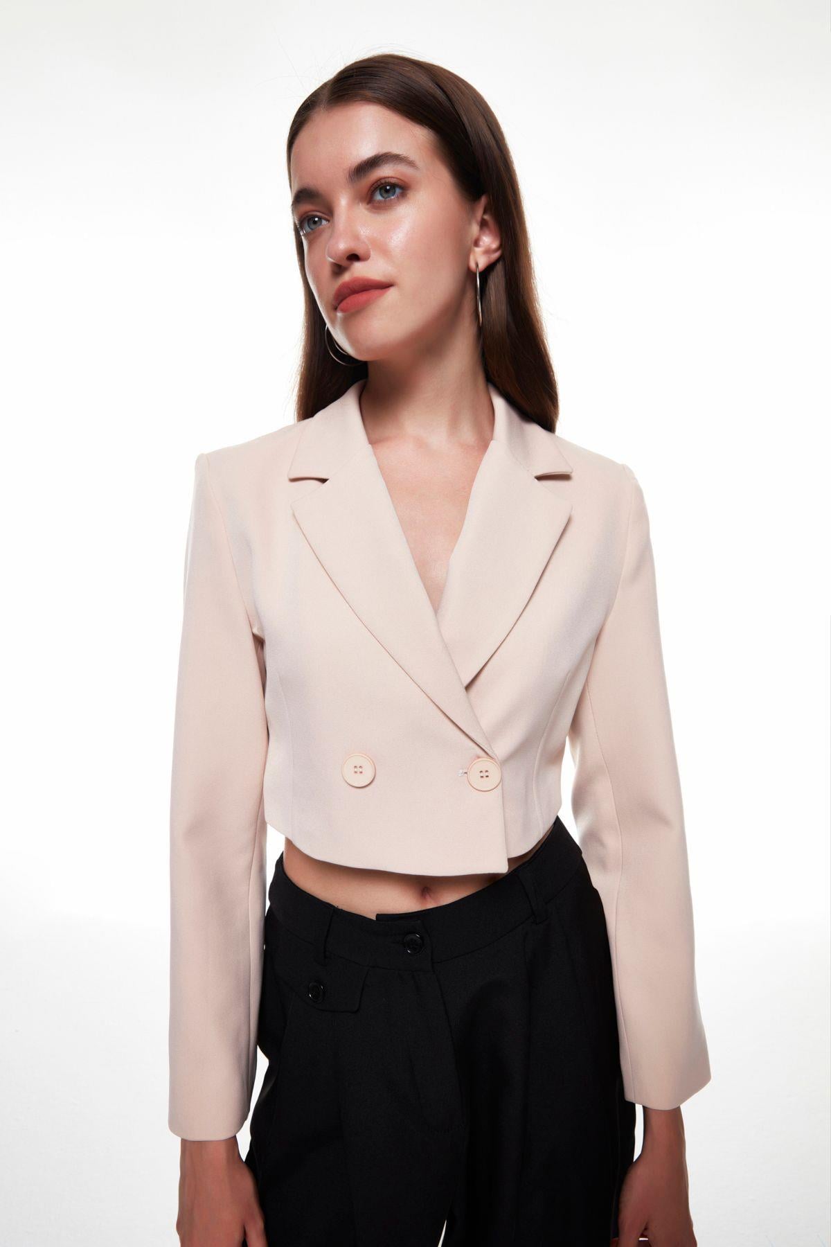 Kruvaze Crop Blazer Ceket Bej