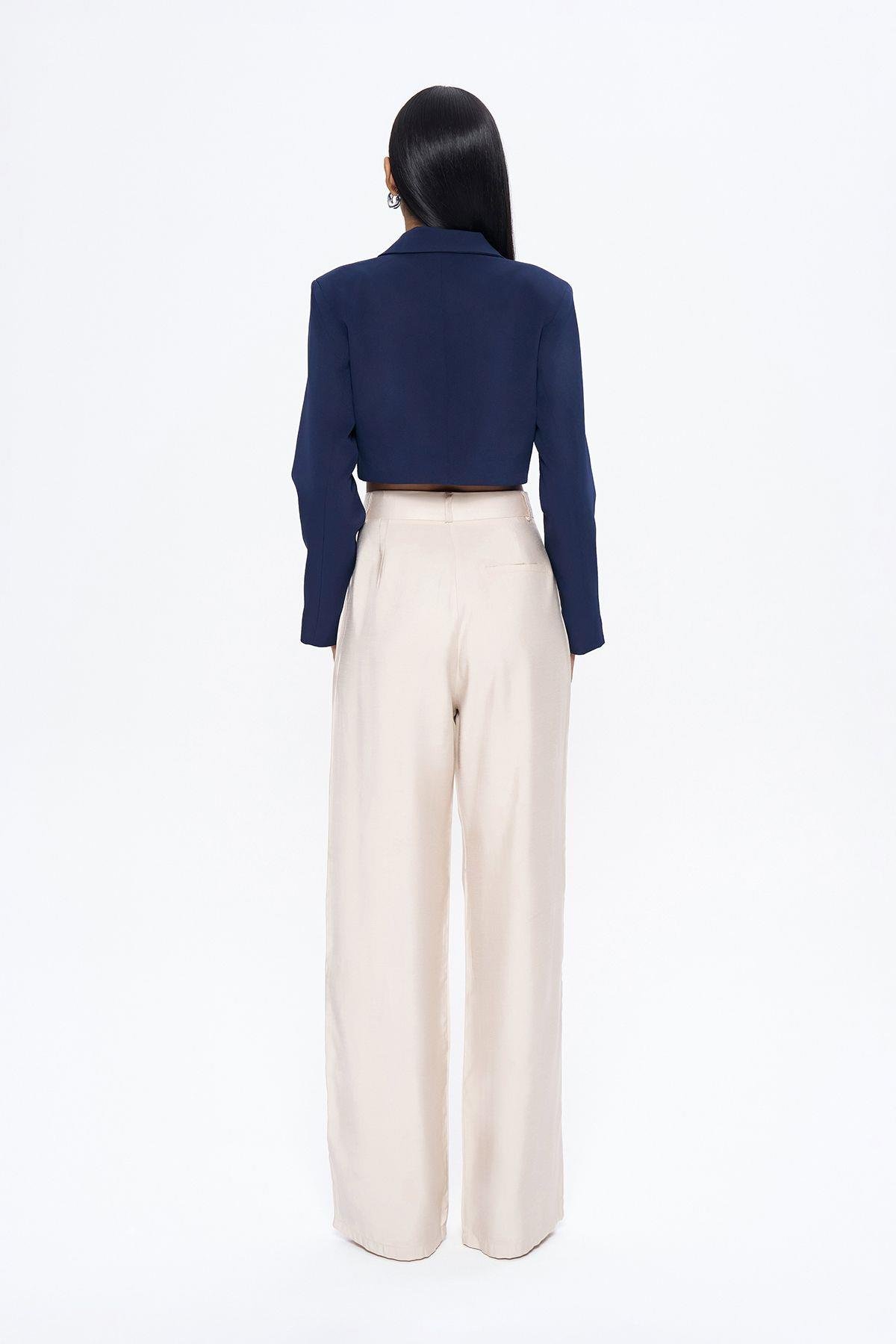 Kruvaze Crop Blazer Ceket Lacivert