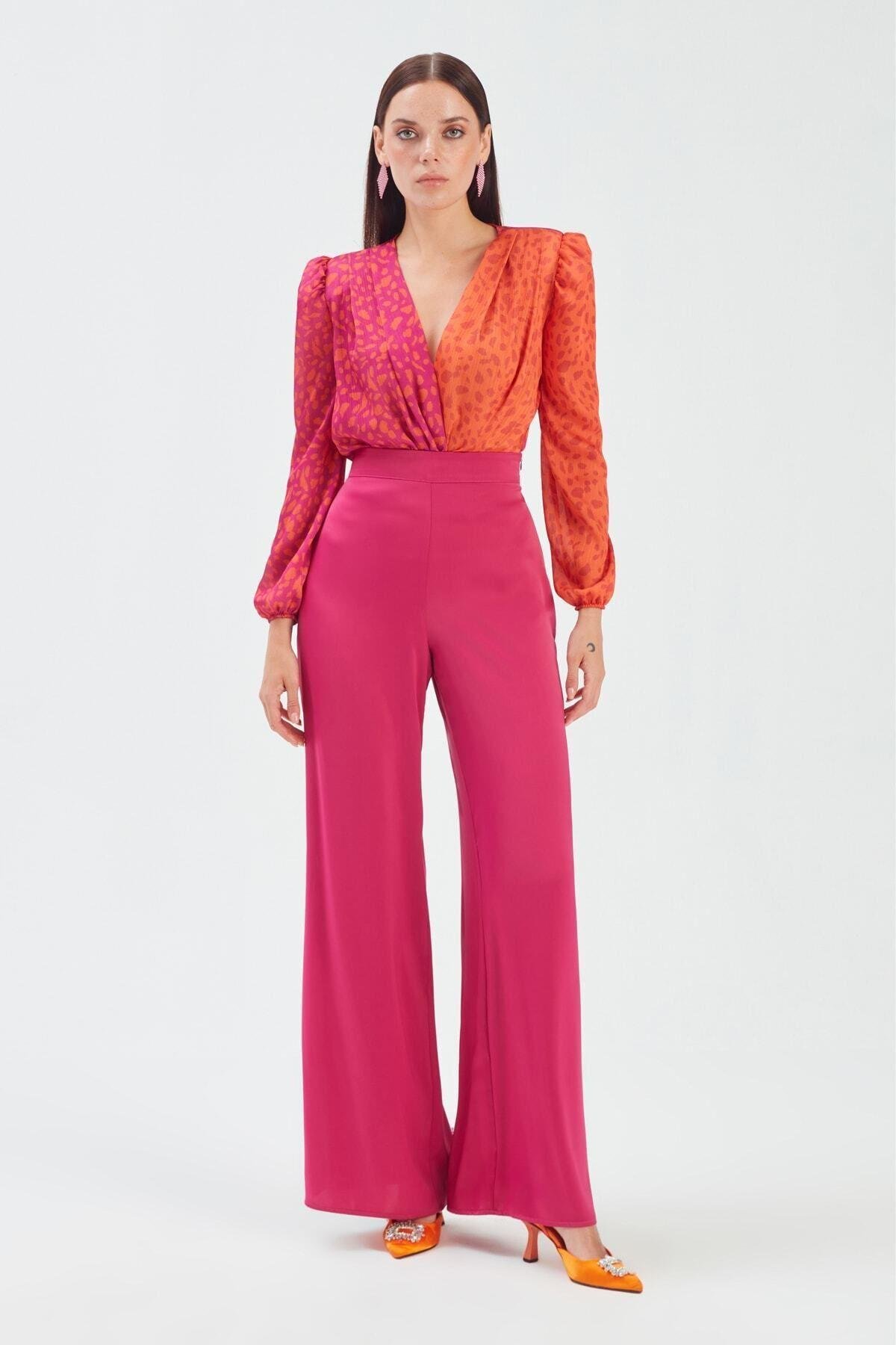 Kruvaze Desenli Bodysuit - Oranj-fuşya