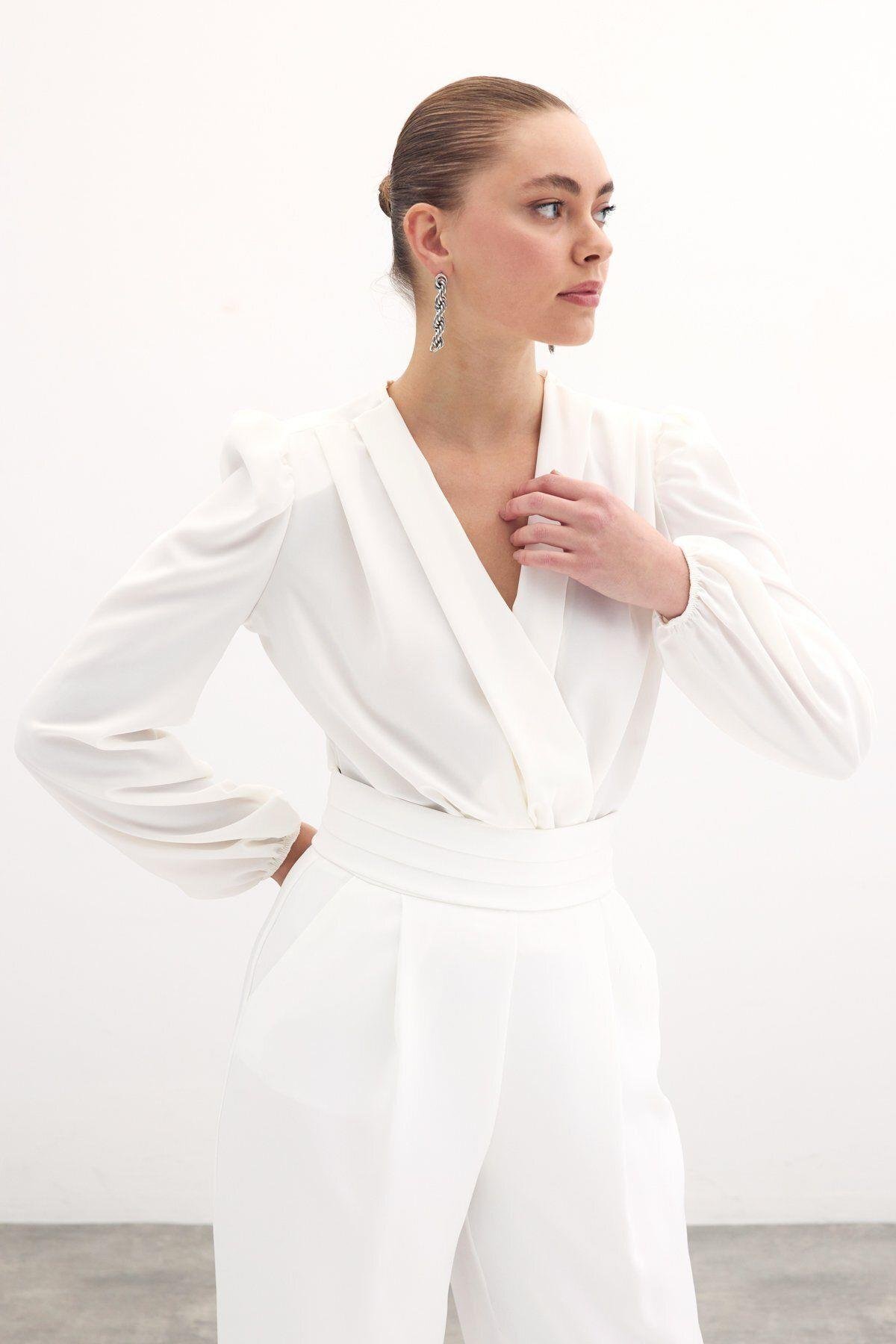 Kruvaze Vatkalı Bodysuit - Ekru