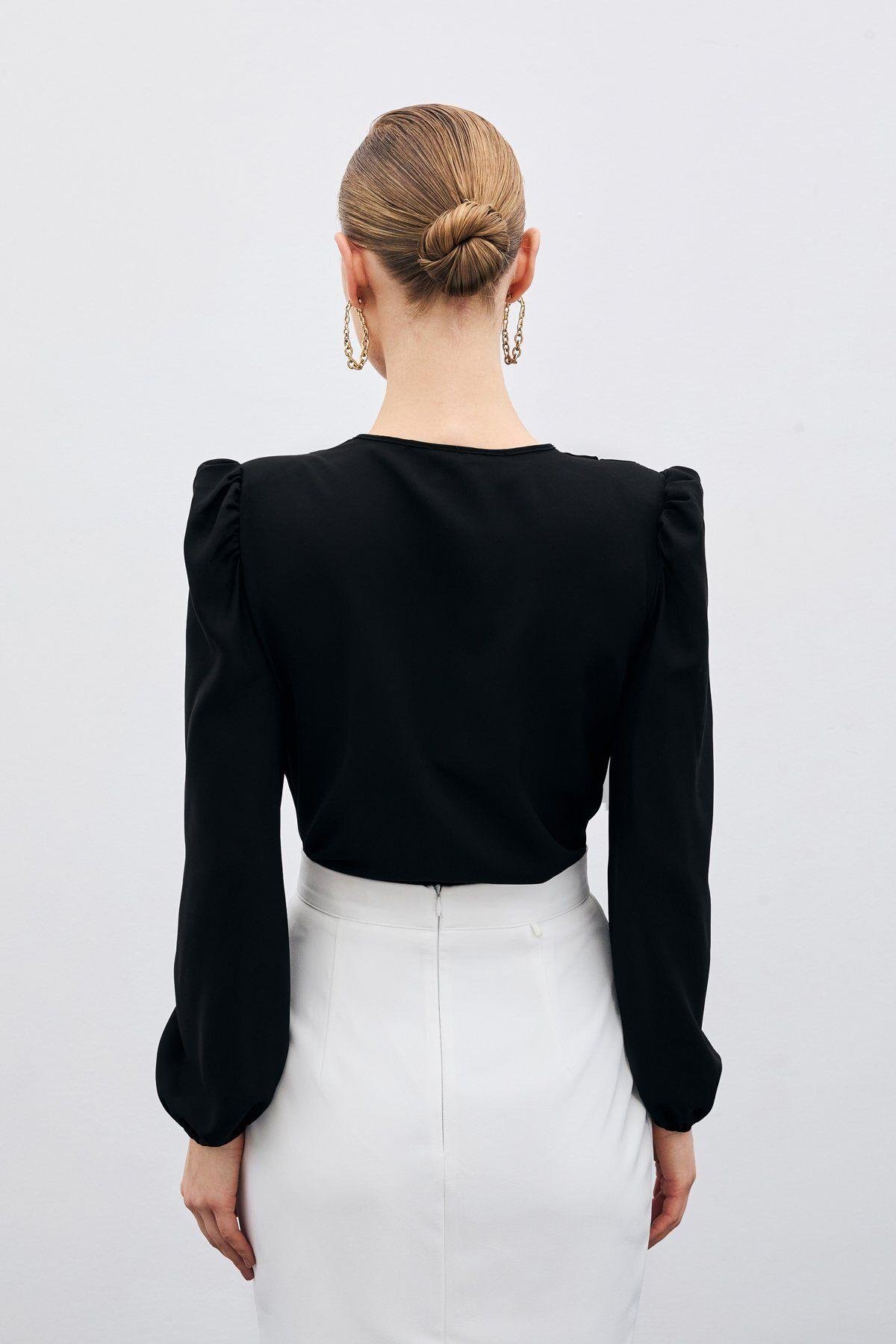 Kruvaze Vatkalı Bodysuit - Siyah
