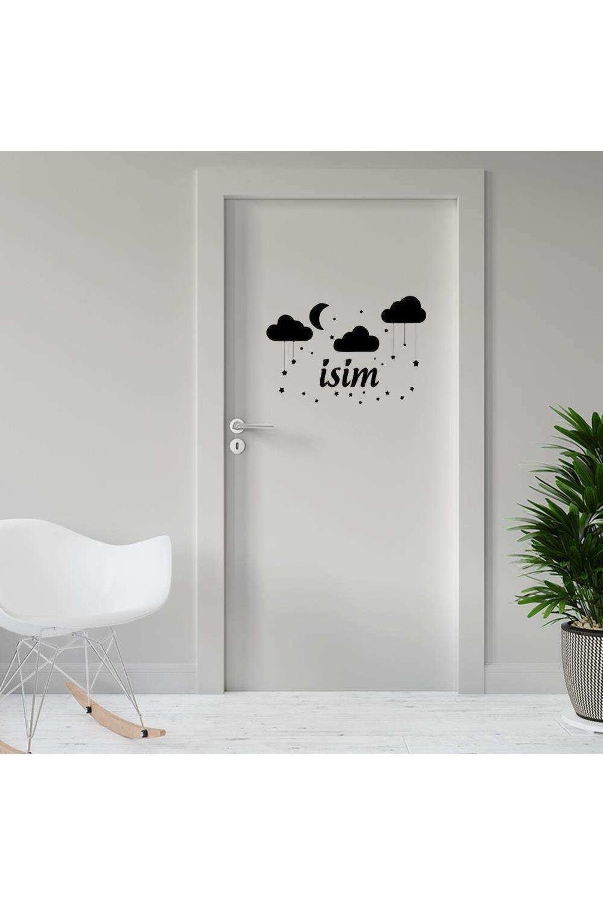 Ay, Bulut Ve Yıldızlar Uyku Temalı - Isme Özel Dekoratif Kapı özel yeni sticker, Çıkartma