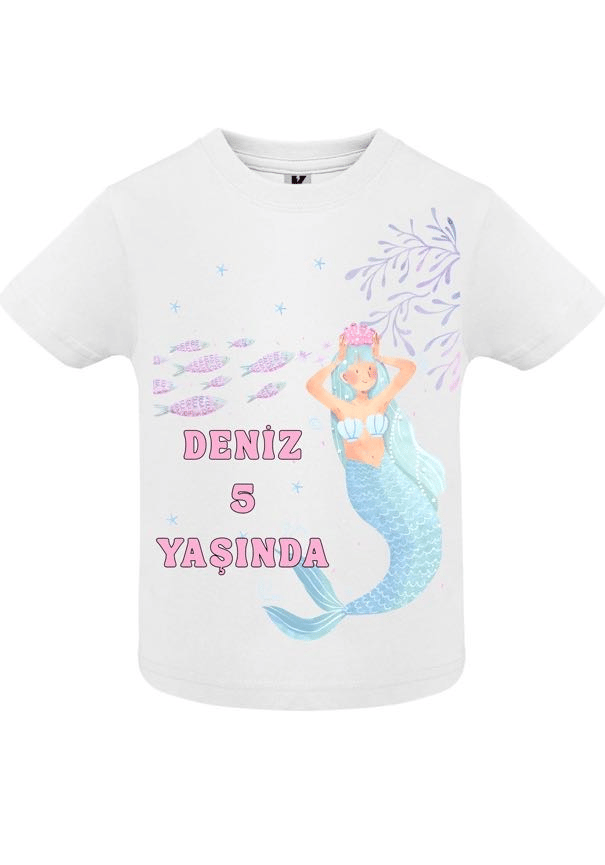 İsme Özel Deniz Kızı Temalı Kız Çocuk Doğum Günü Tişörtü