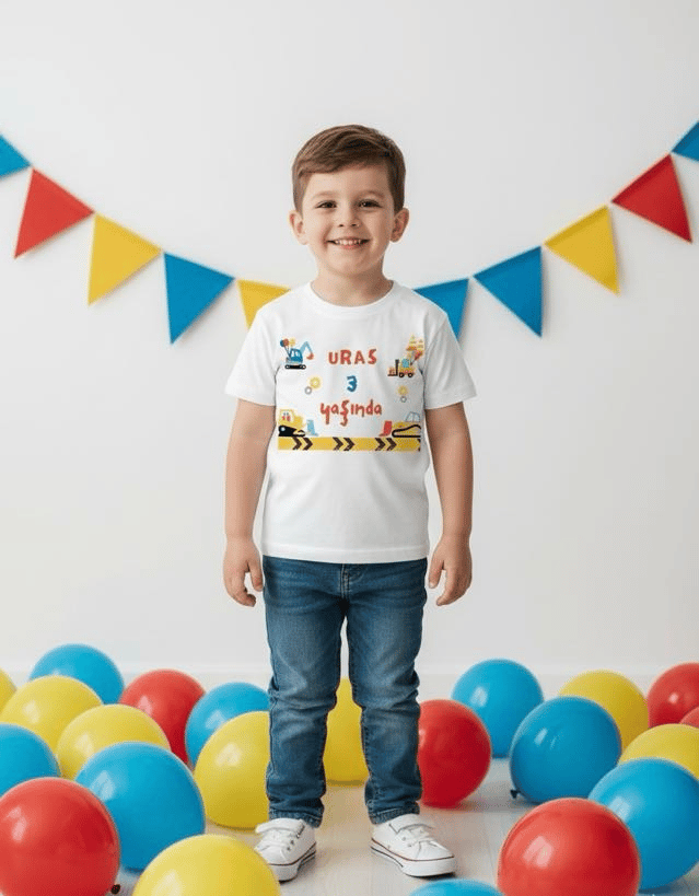 İsme Özel Doğum Günü Hediyesi - İnşaat & Kepçe Temalı Çocuk Body/Tişört