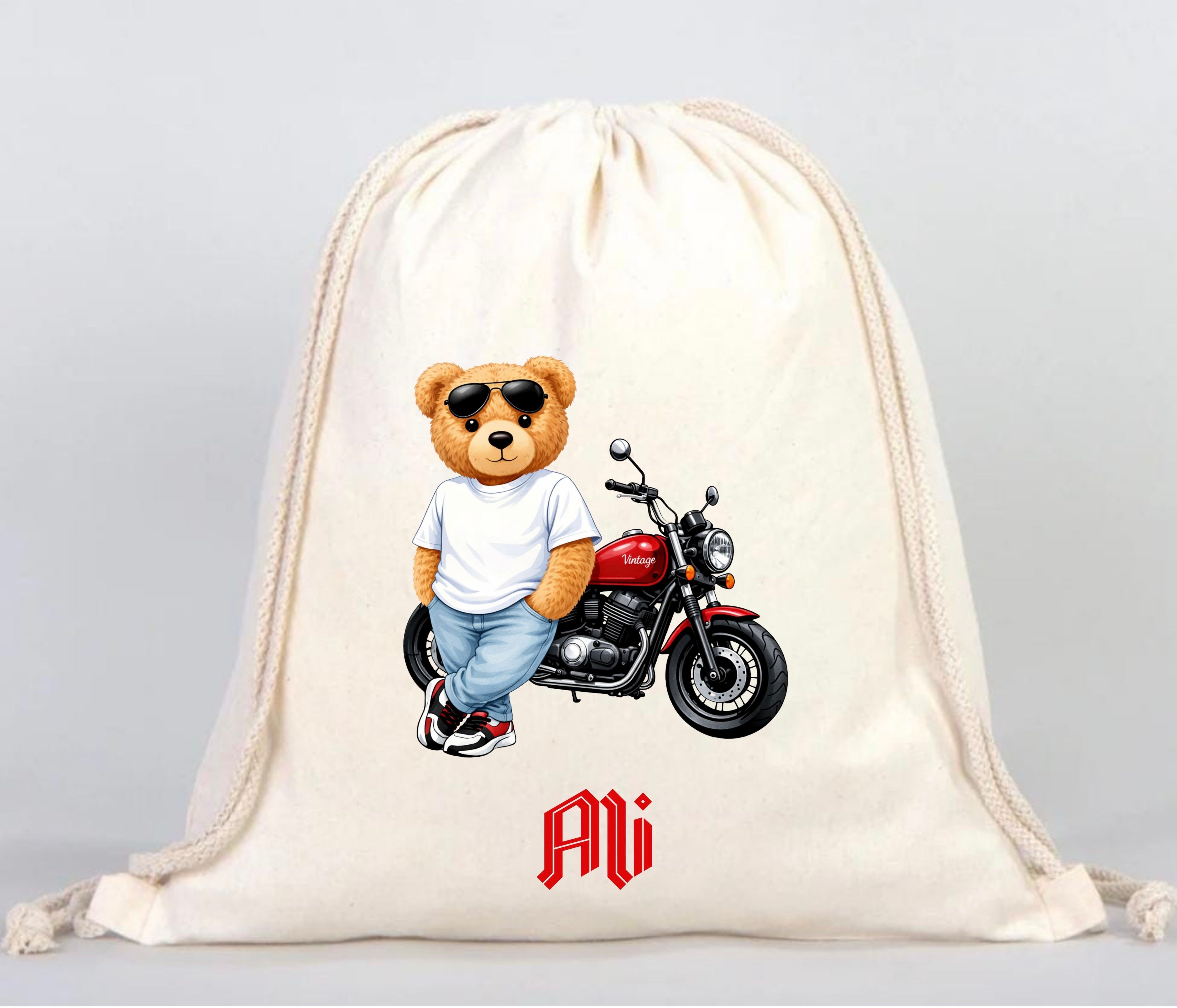 Kişiselleştirilebilir Retro Ayıcık & Motosiklet Temalı Bez Çanta