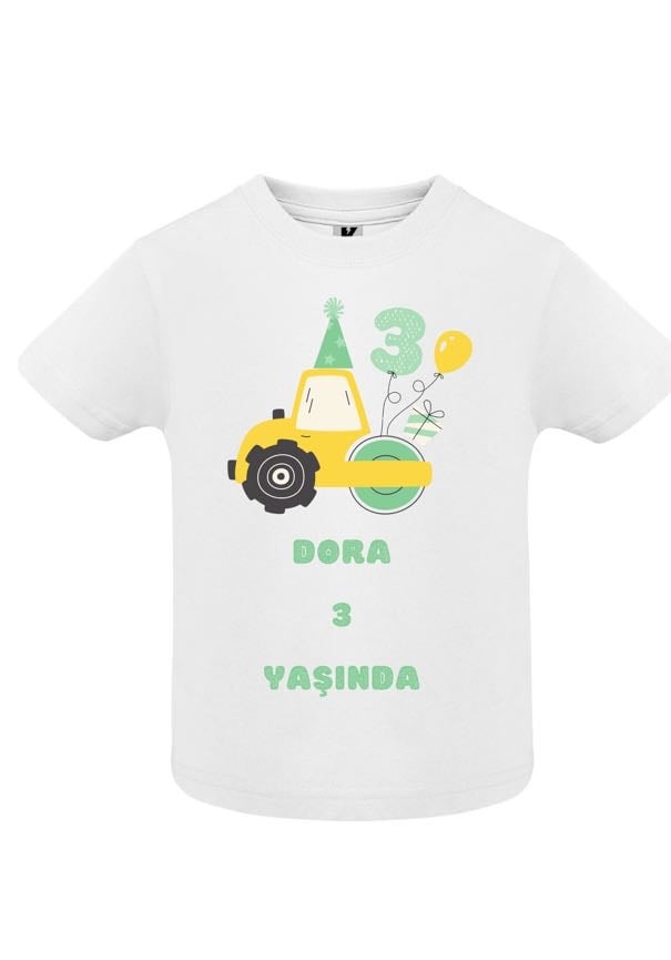 Kişiye Özel İsimli İnşaat Temalı Doğum Günü Tişörtü - Dora 3 Yaşında