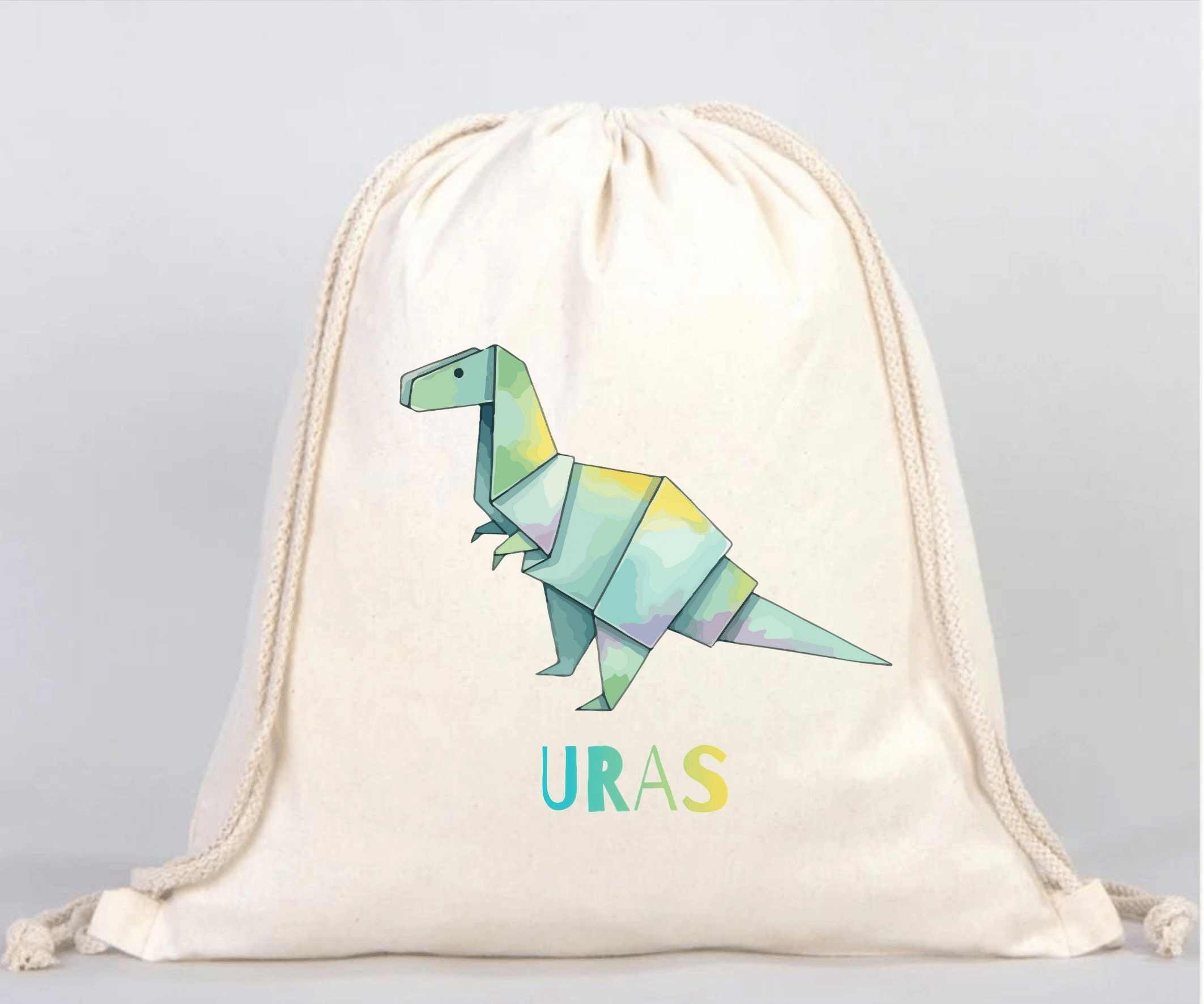 Kişiye Özel Origami Dinozor Tasarımlı Pamuklu Büzgülü Torba